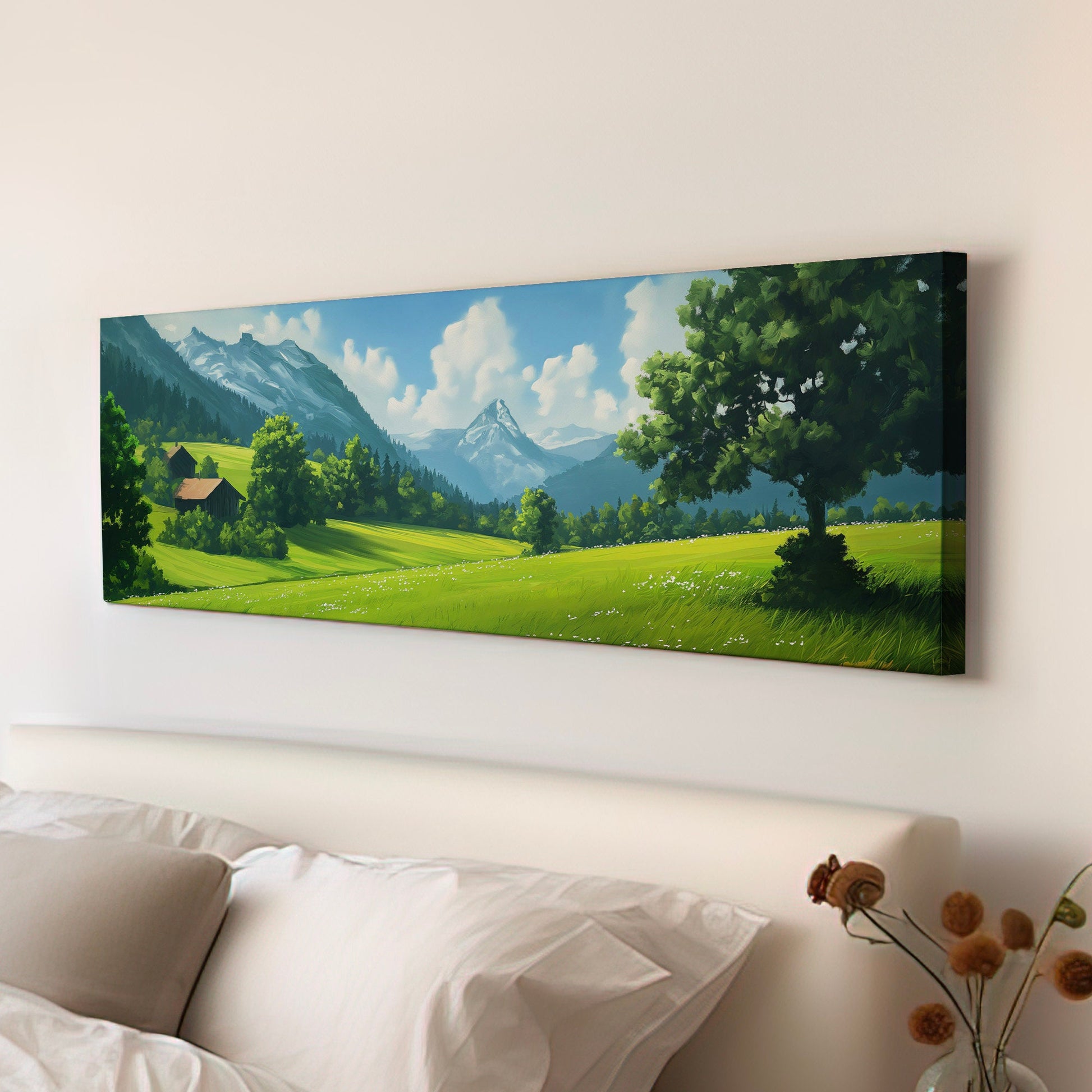 Beautiful Scene in Tirol Above Bed Wall Art Mountain Landscape, Panoramic Minimal Canvas Print, Green Field Long Horizontal Canvas Art