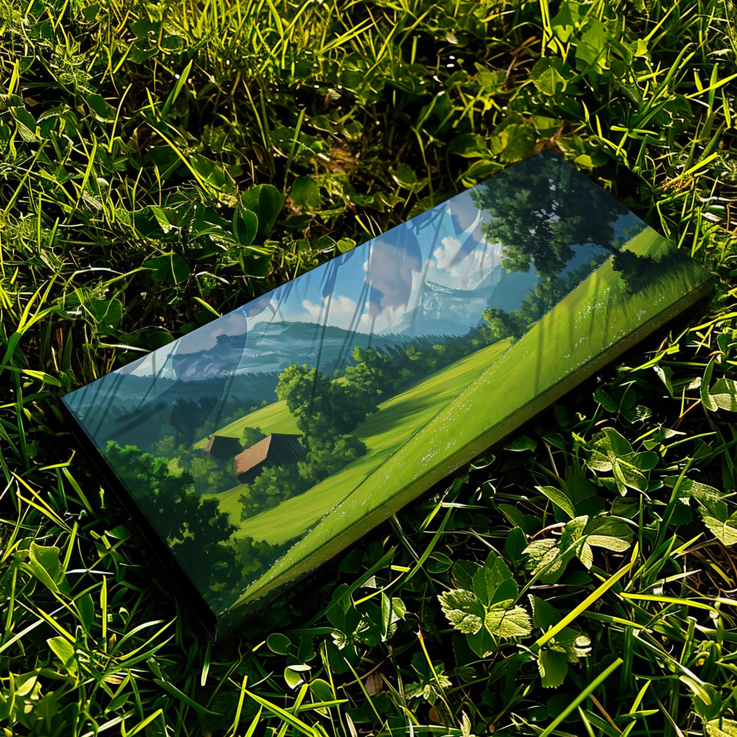 Beautiful Scene in Tirol Above Bed Wall Art Mountain Landscape, Panoramic Minimal Canvas Print, Green Field Long Horizontal Canvas Art
