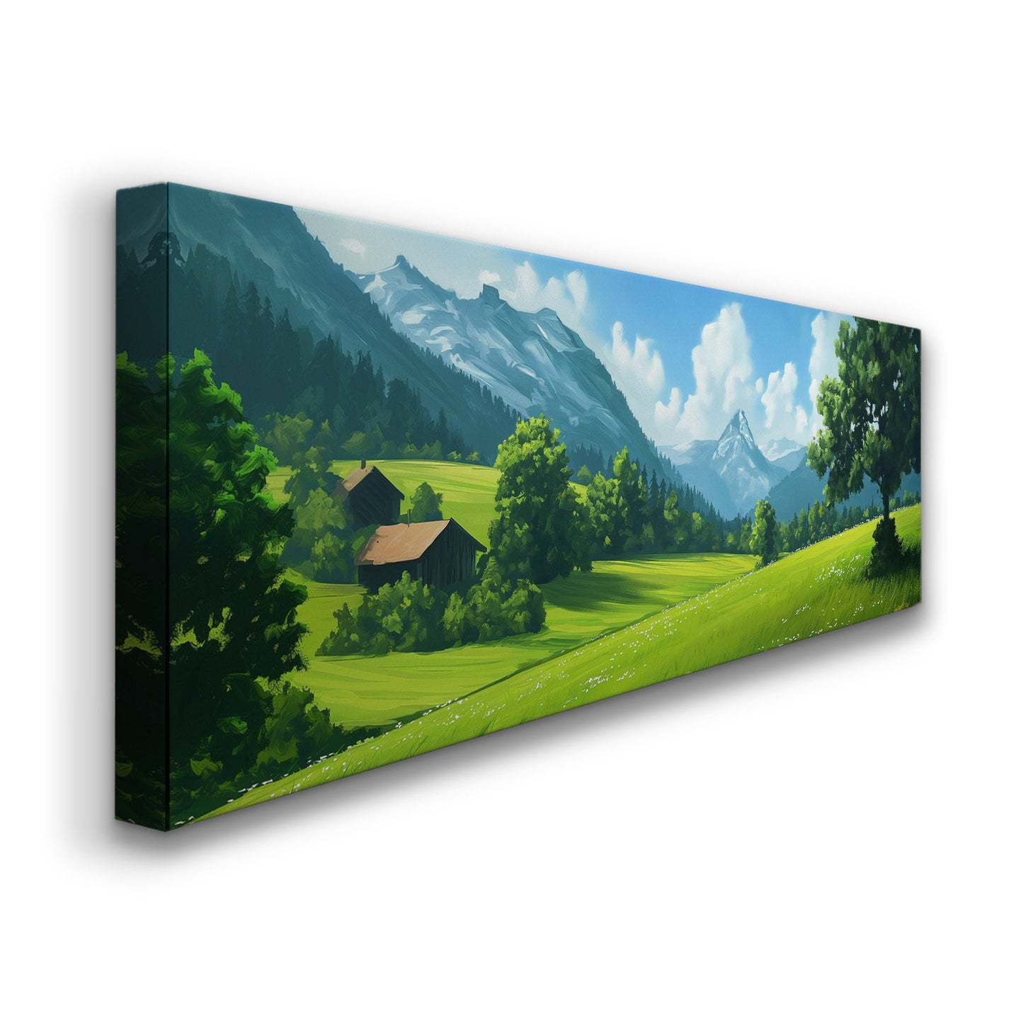 Beautiful Scene in Tirol Above Bed Wall Art Mountain Landscape, Panoramic Minimal Canvas Print, Green Field Long Horizontal Canvas Art