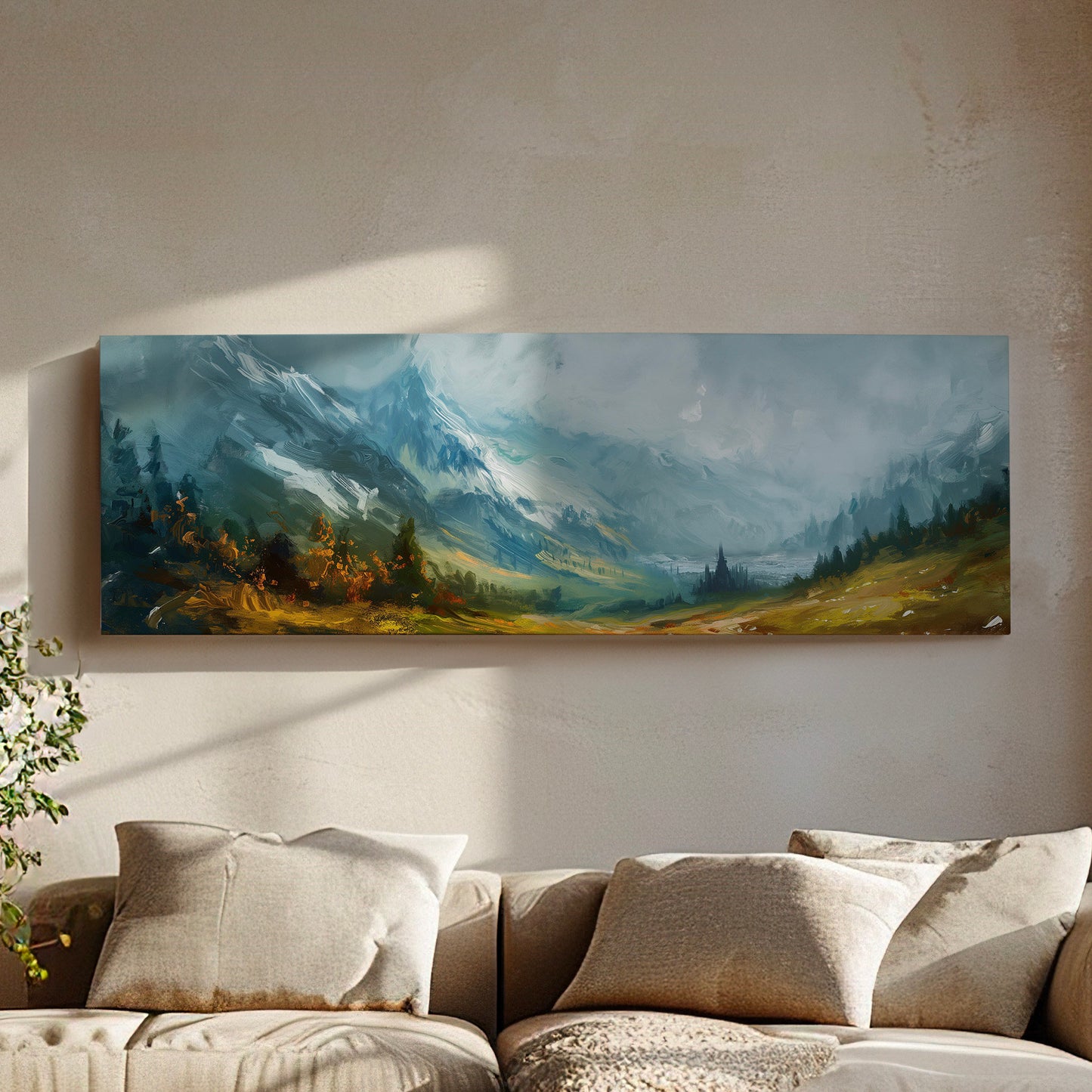Beautiful Valley Painting Above Bed Wall Art Mountain, Panoramic Minimal Canvas Print, Landscape  Long Horizontal Canvas Art