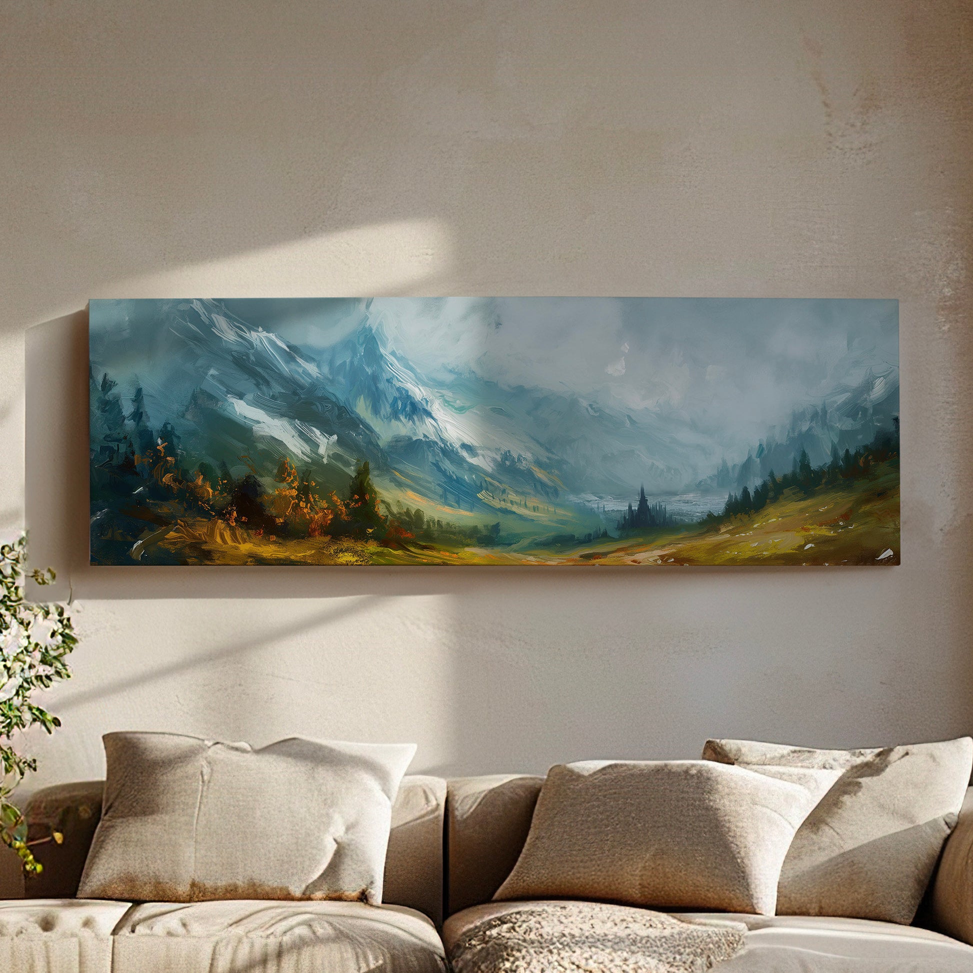 Beautiful Valley Painting Above Bed Wall Art Mountain, Panoramic Minimal Canvas Print, Landscape  Long Horizontal Canvas Art