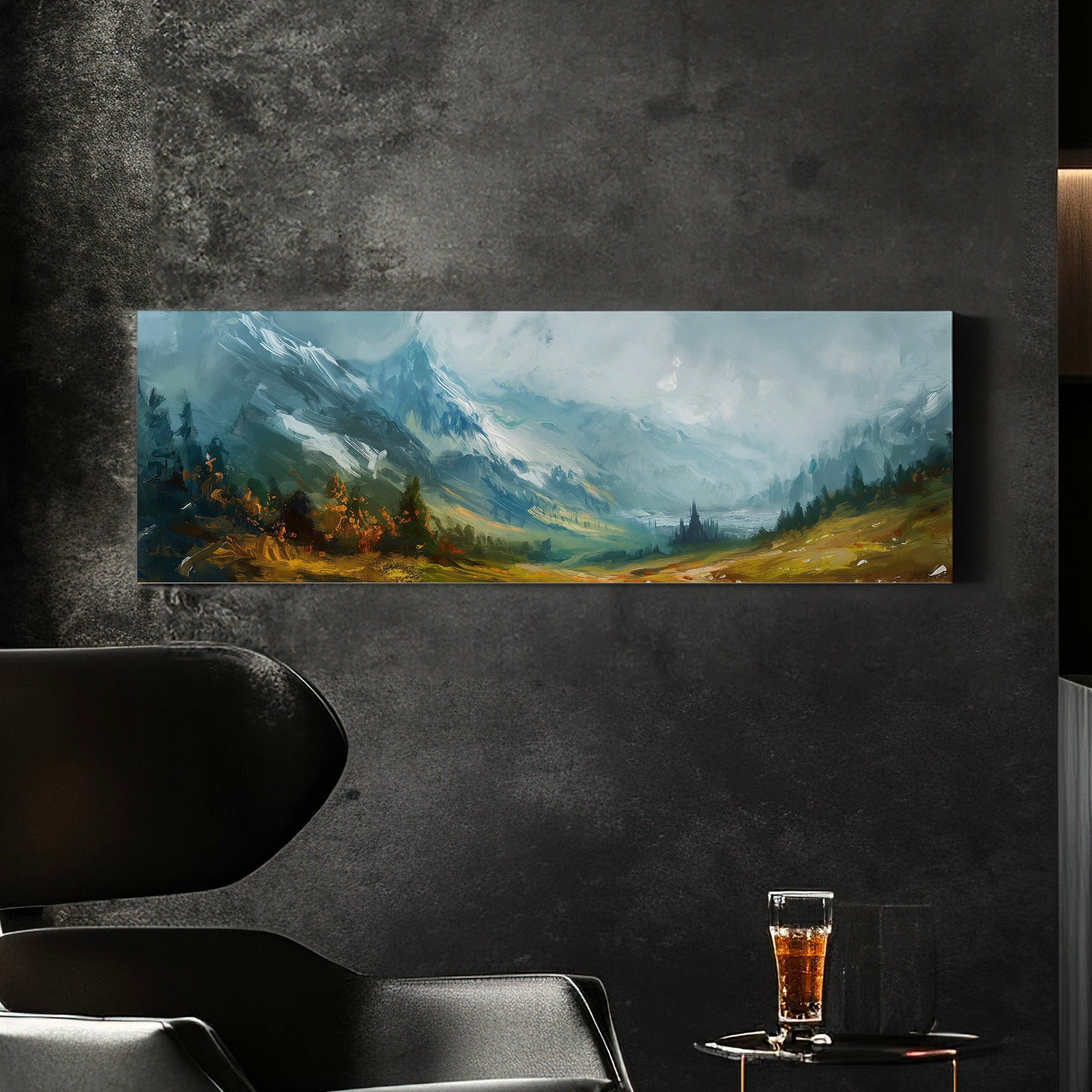 Beautiful Valley Painting Above Bed Wall Art Mountain, Panoramic Minimal Canvas Print, Landscape  Long Horizontal Canvas Art