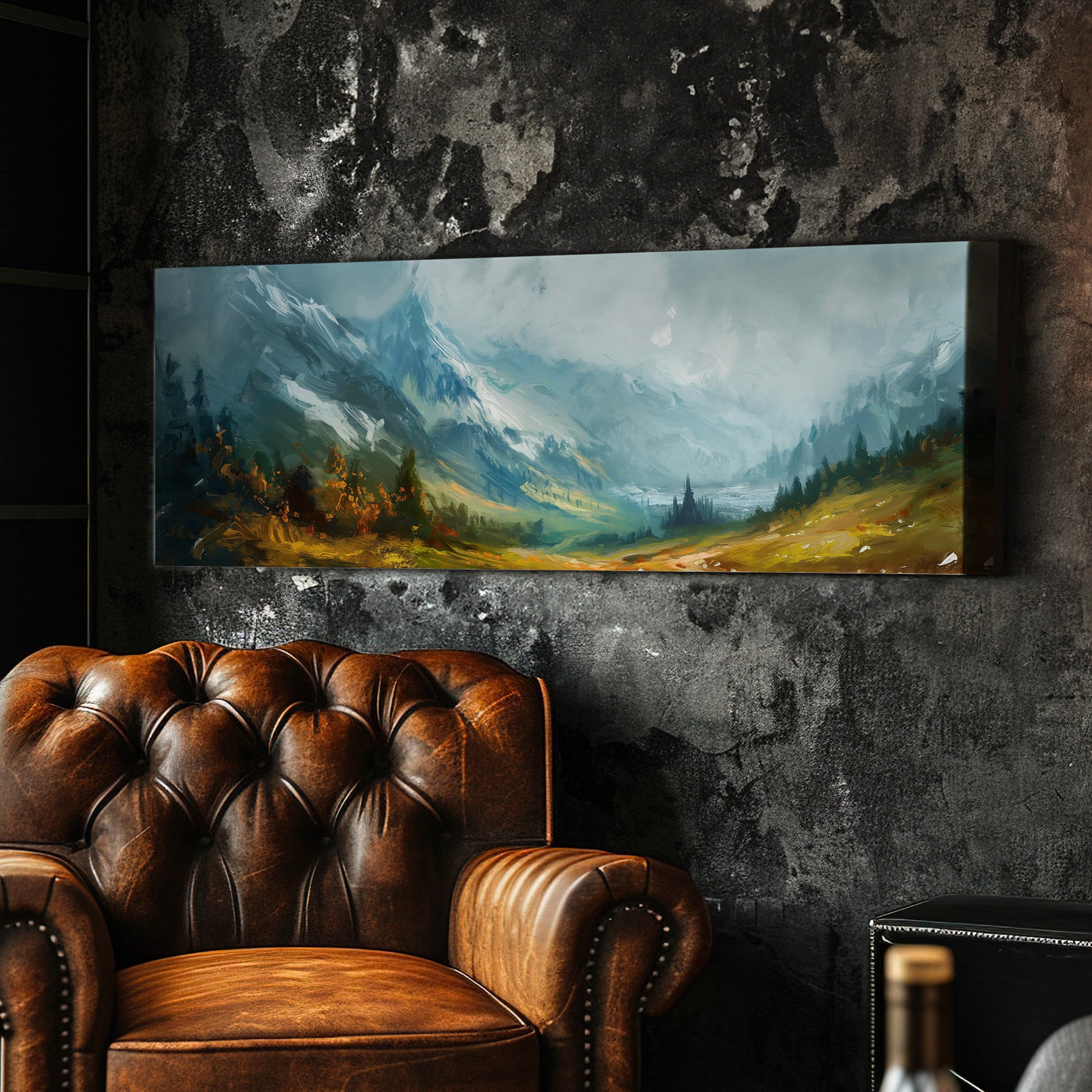 Beautiful Valley Painting Above Bed Wall Art Mountain, Panoramic Minimal Canvas Print, Landscape  Long Horizontal Canvas Art