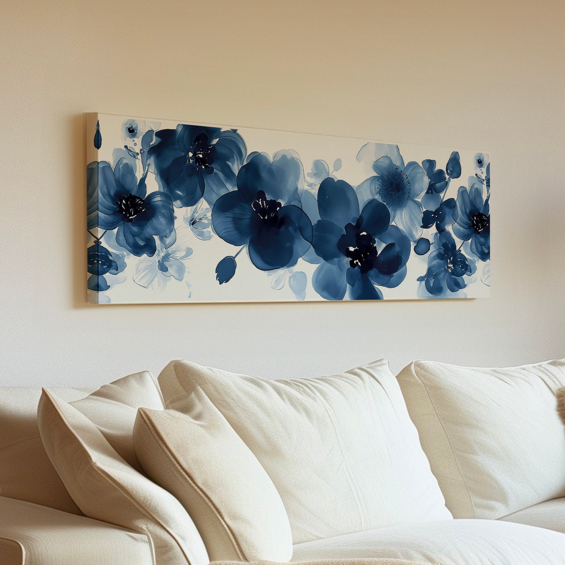 Blue Peony Above Bed Wall Art Bouquet, Panoramic Blue Floral Canvas Print, Flower Long Horizontal Canvas Art