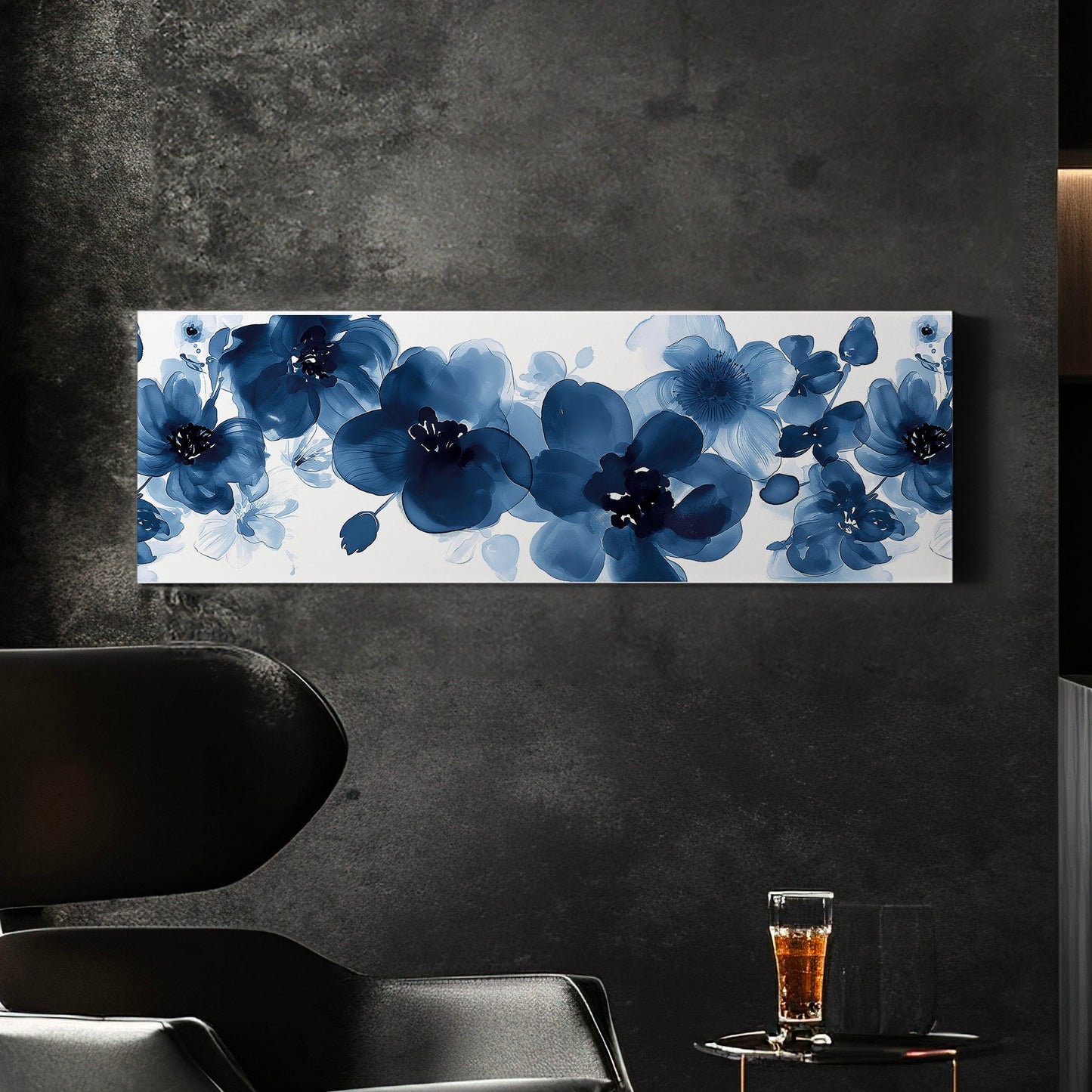 Blue Peony Above Bed Wall Art Bouquet, Panoramic Blue Floral Canvas Print, Flower Long Horizontal Canvas Art