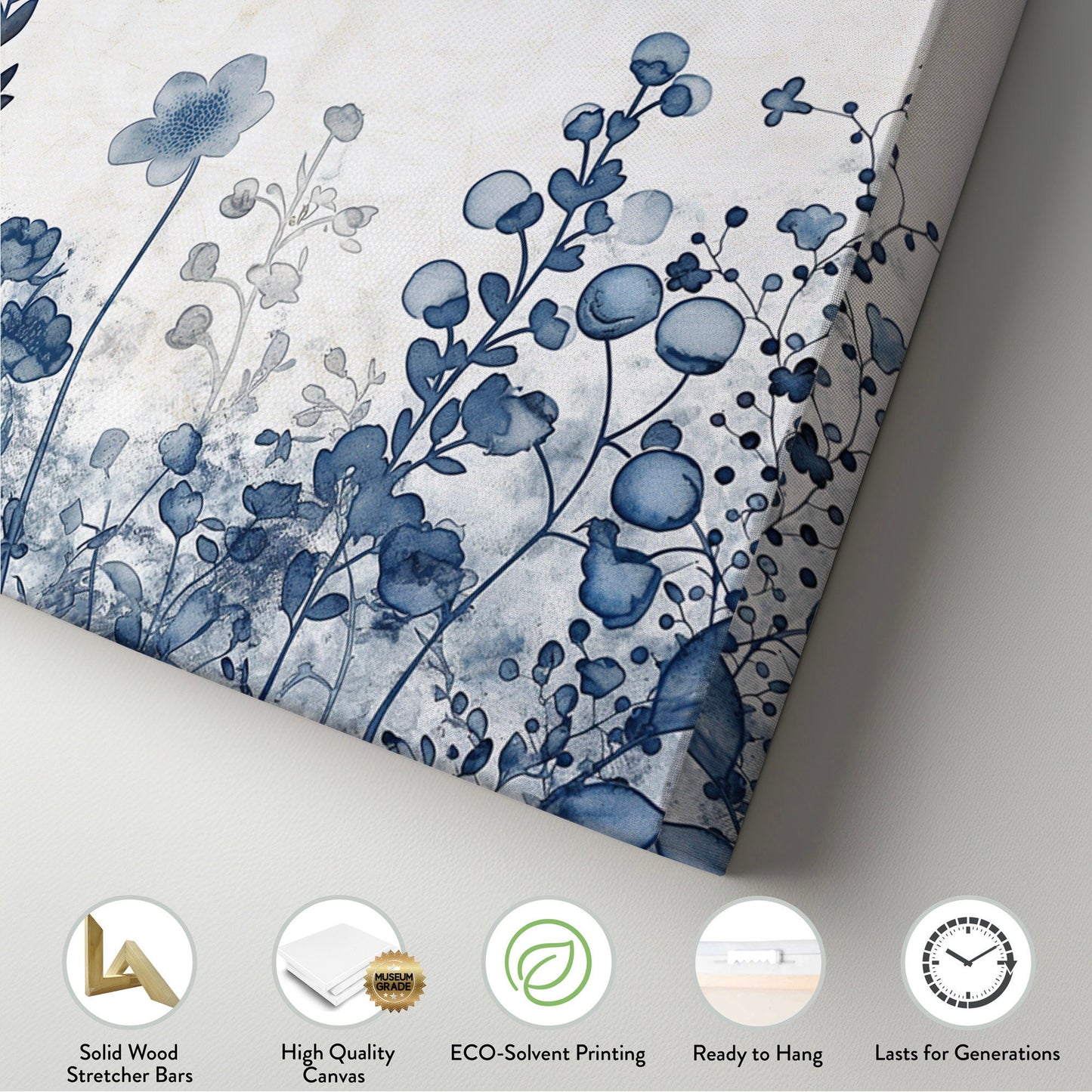 Blue Wildflowers Above Bed Wall Art Blue Abstract, Panoramic Neutral Watercolor Canvas Print, Floral Long Horizontal Canvas Art