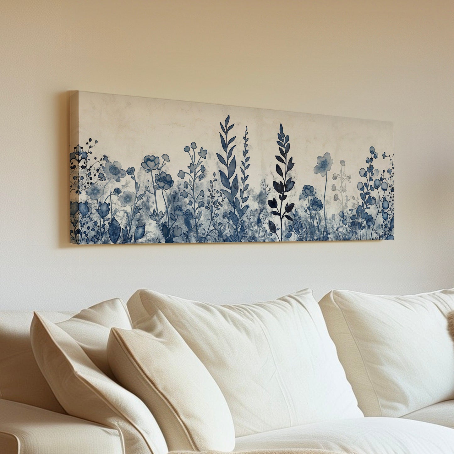 Blue Wildflowers Above Bed Wall Art Blue Abstract, Panoramic Neutral Watercolor Canvas Print, Floral Long Horizontal Canvas Art