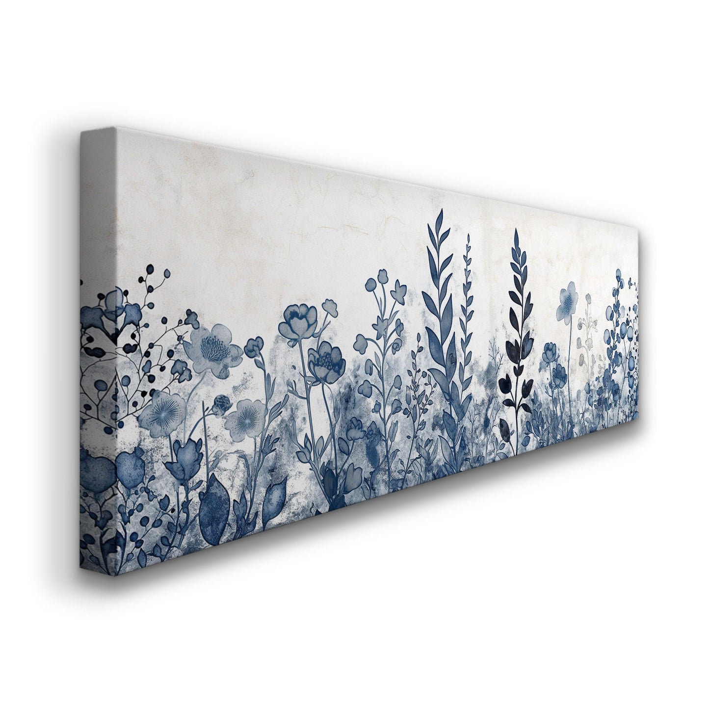 Blue Wildflowers Above Bed Wall Art Blue Abstract, Panoramic Neutral Watercolor Canvas Print, Floral Long Horizontal Canvas Art