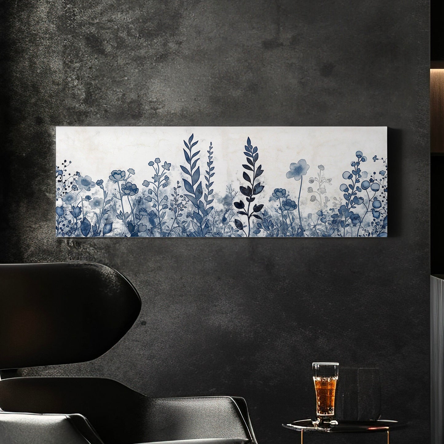 Blue Wildflowers Above Bed Wall Art Blue Abstract, Panoramic Neutral Watercolor Canvas Print, Floral Long Horizontal Canvas Art