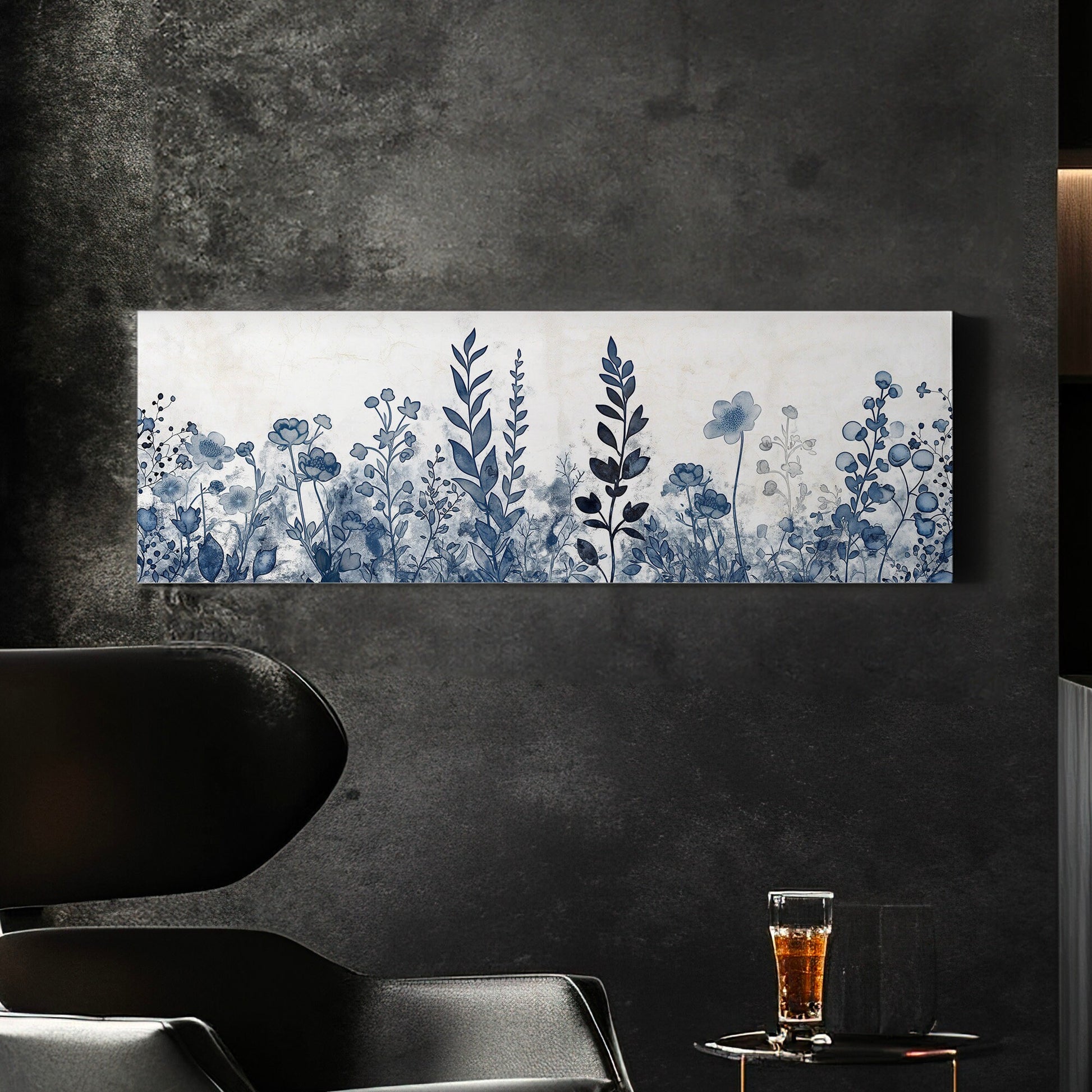 Blue Wildflowers Above Bed Wall Art Blue Abstract, Panoramic Neutral Watercolor Canvas Print, Floral Long Horizontal Canvas Art