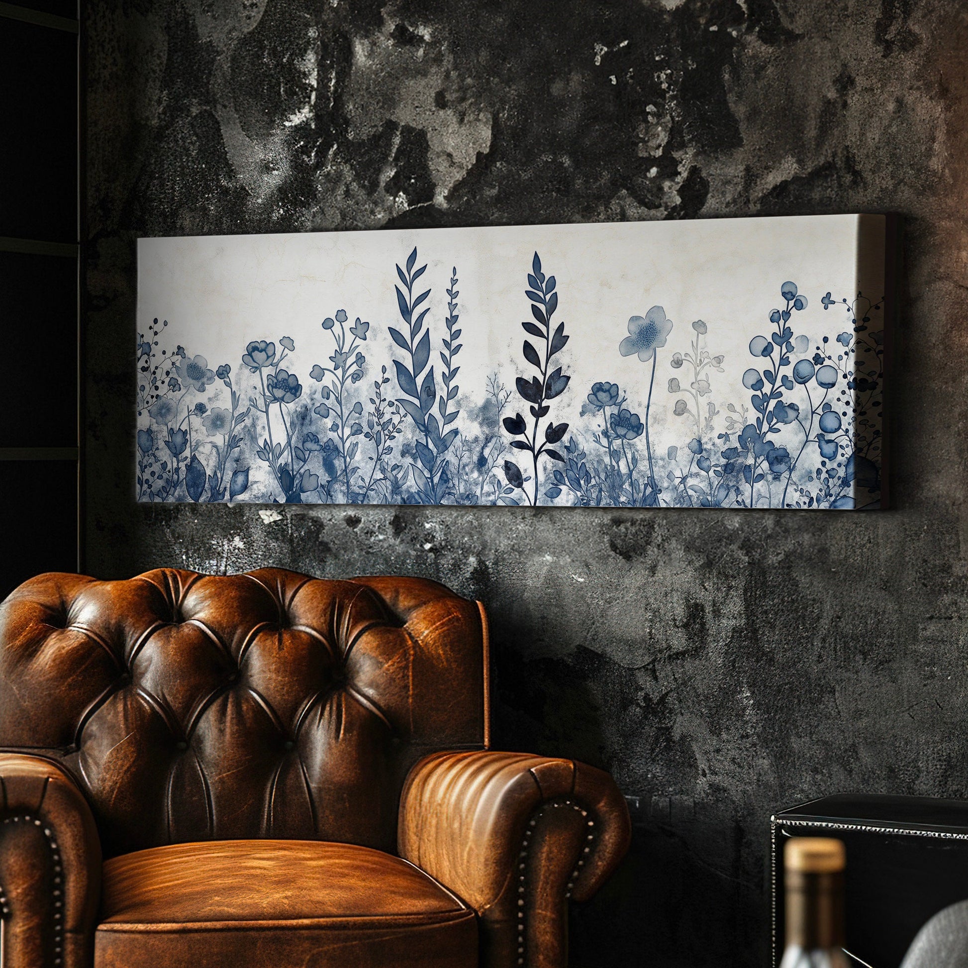 Blue Wildflowers Above Bed Wall Art Blue Abstract, Panoramic Neutral Watercolor Canvas Print, Floral Long Horizontal Canvas Art