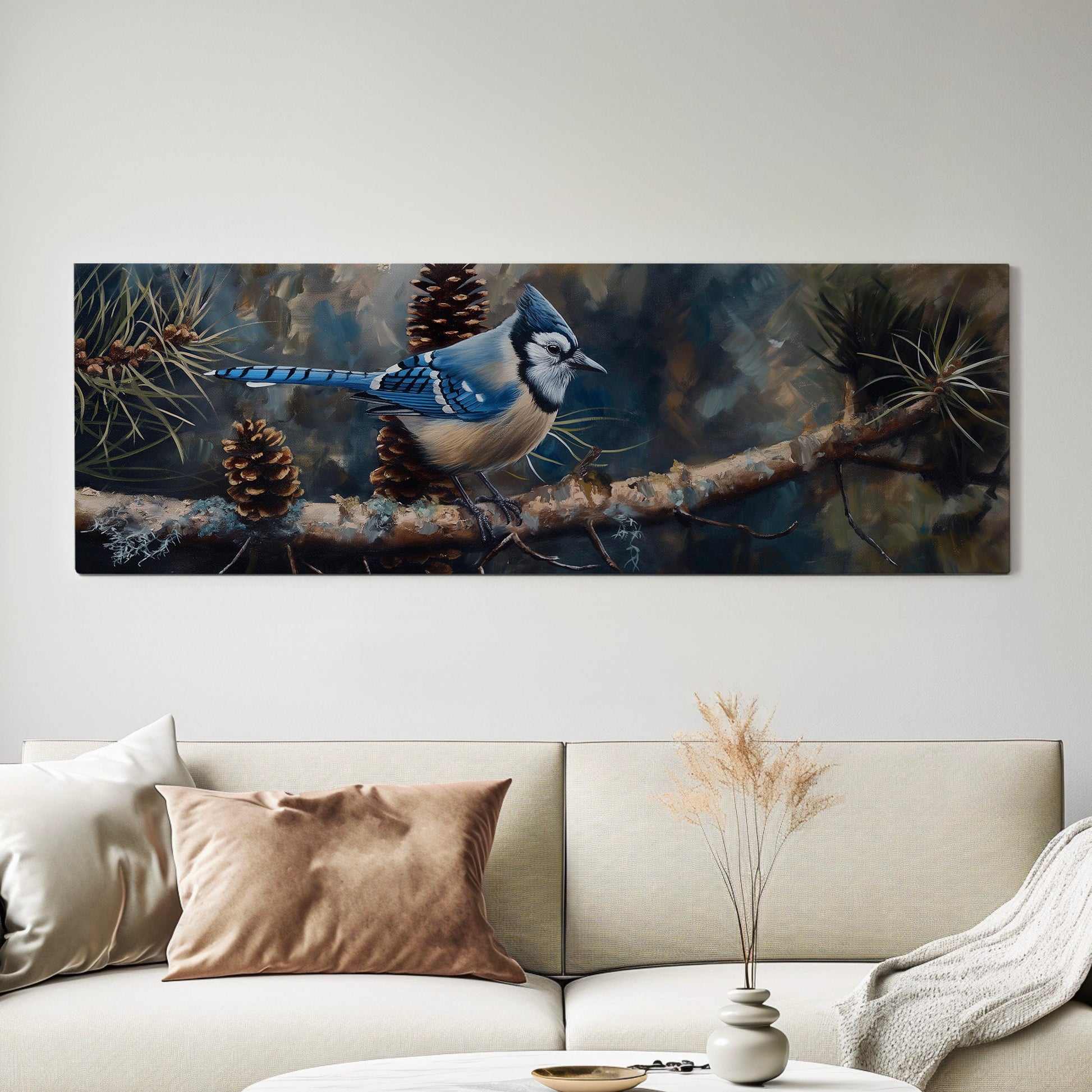 Bluejays On A Pine Tree Branch Above Bed Wall Art Nature, Panoramic Forest Canvas Print, Abstract Long Horizontal Canvas Art