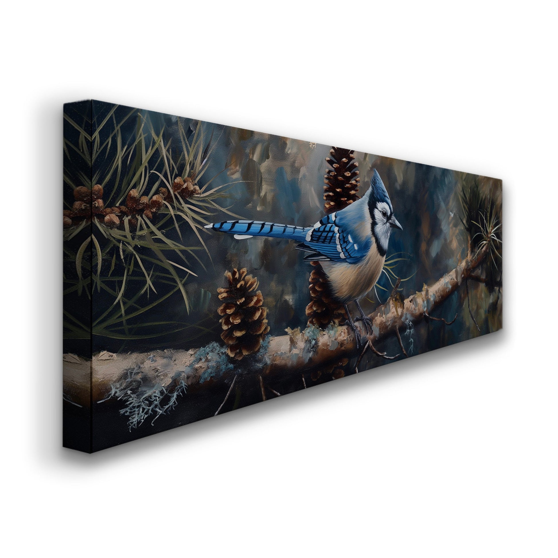Bluejays On A Pine Tree Branch Above Bed Wall Art Nature, Panoramic Forest Canvas Print, Abstract Long Horizontal Canvas Art