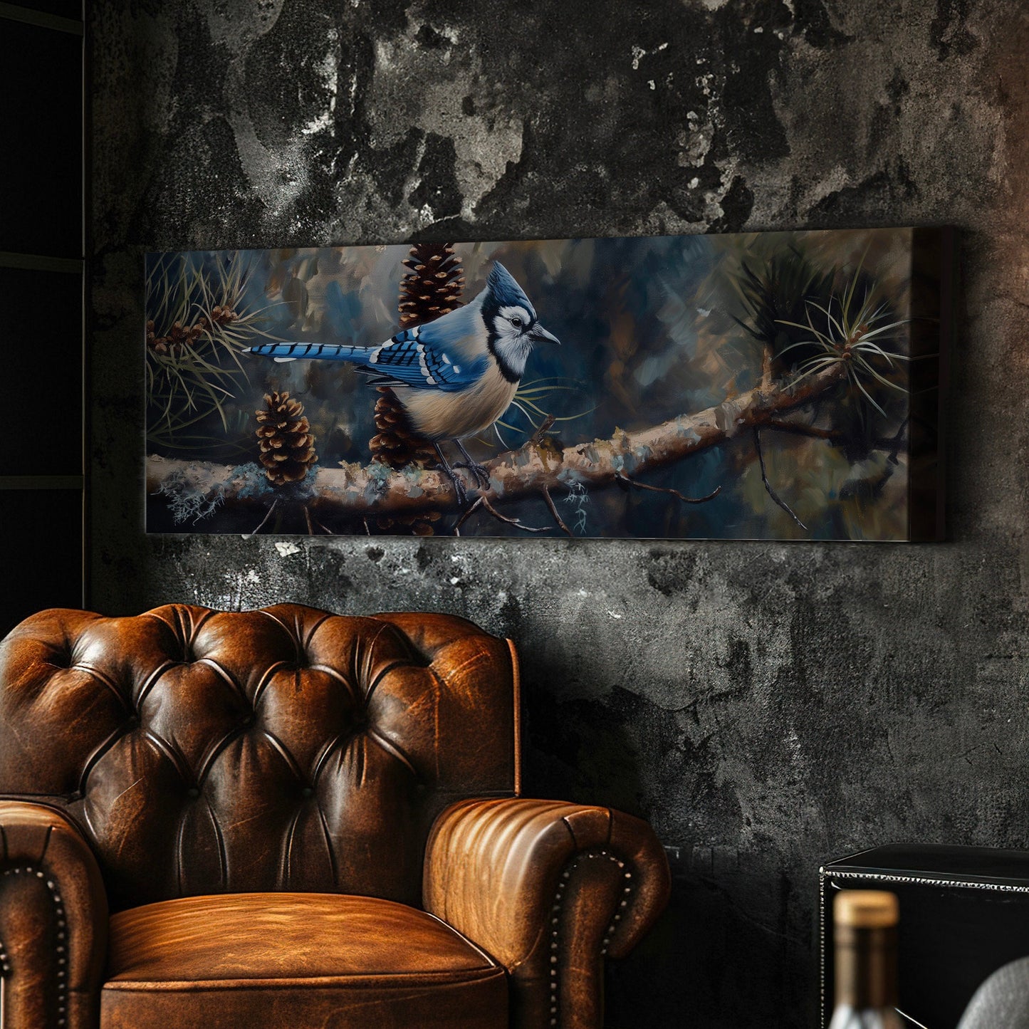 Bluejays On A Pine Tree Branch Above Bed Wall Art Nature, Panoramic Forest Canvas Print, Abstract Long Horizontal Canvas Art