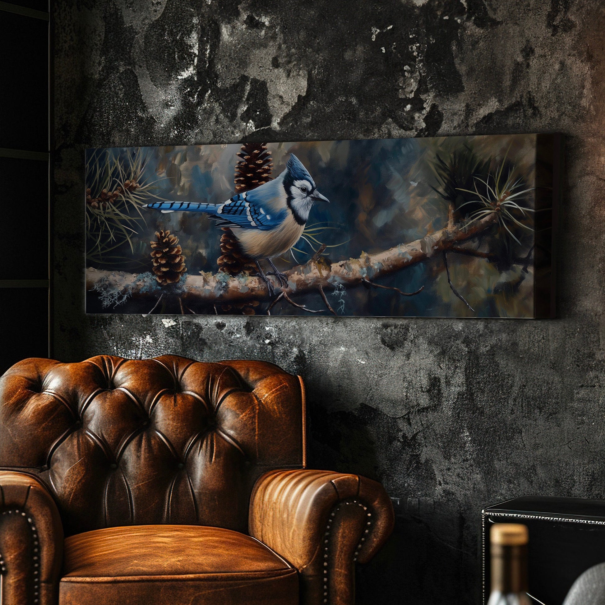 Bluejays On A Pine Tree Branch Above Bed Wall Art Nature, Panoramic Forest Canvas Print, Abstract Long Horizontal Canvas Art
