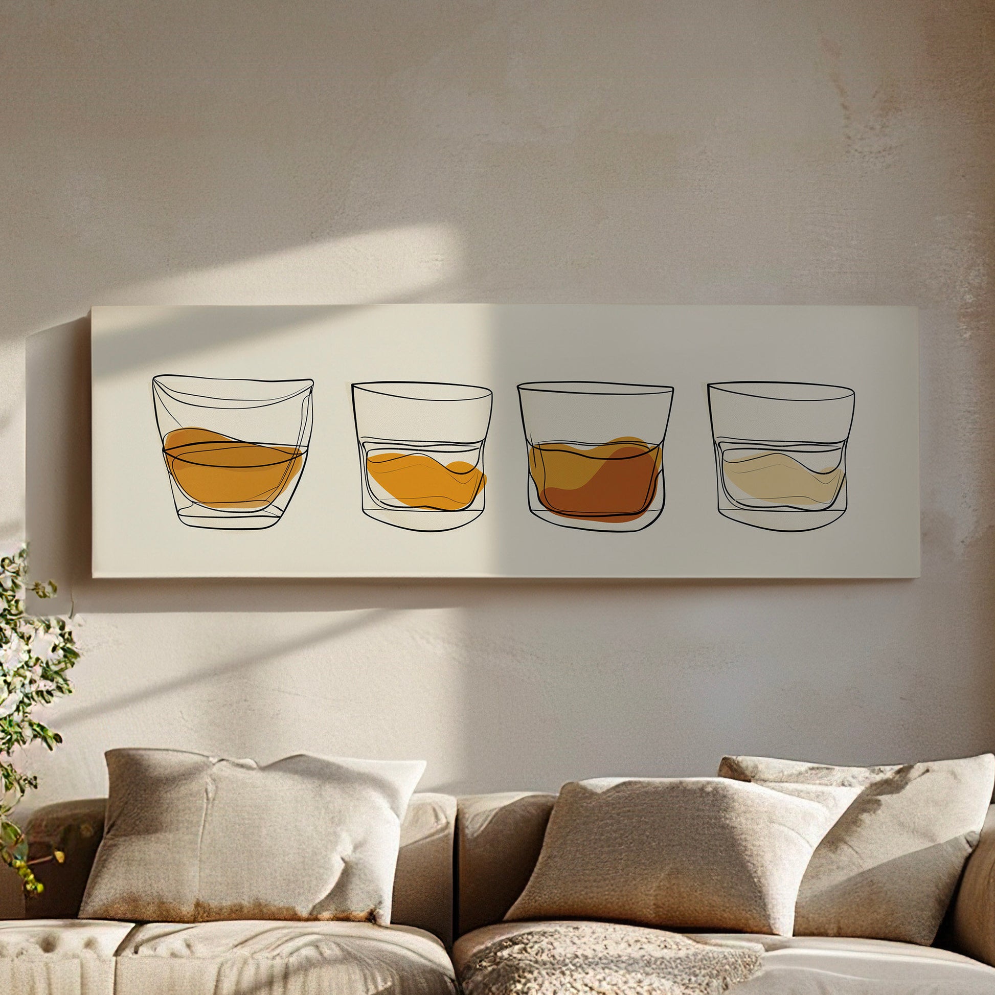 Boho Whiskey Bar Above Bed Wall Art Bourbon Bar, Panoramic Scotch Canvas Print, Man Cave Long Horizontal Canvas Art