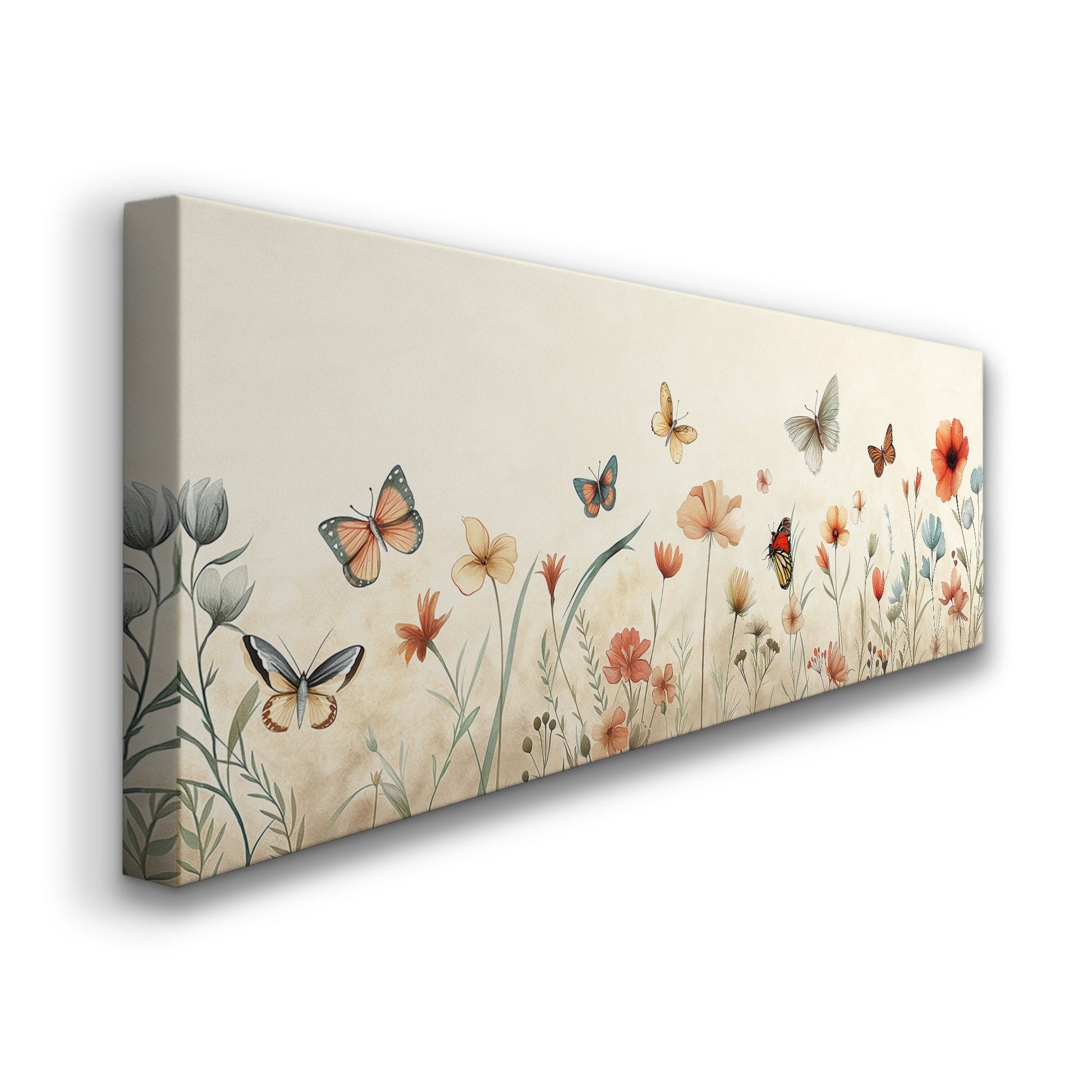 Butterfly Wildflower Field Above Bed Wall Art Nursery, Panoramic Botanical Canvas Print, Flower Long Horizontal Canvas Art
