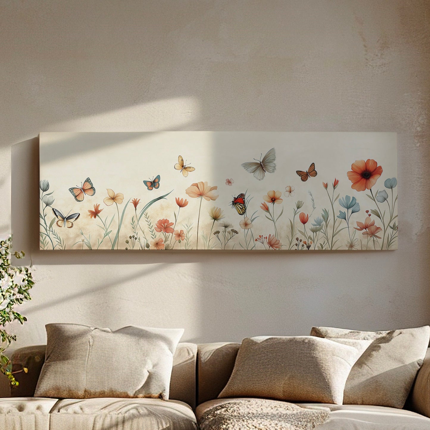 Butterfly Wildflower Field Above Bed Wall Art Nursery, Panoramic Botanical Canvas Print, Flower Long Horizontal Canvas Art