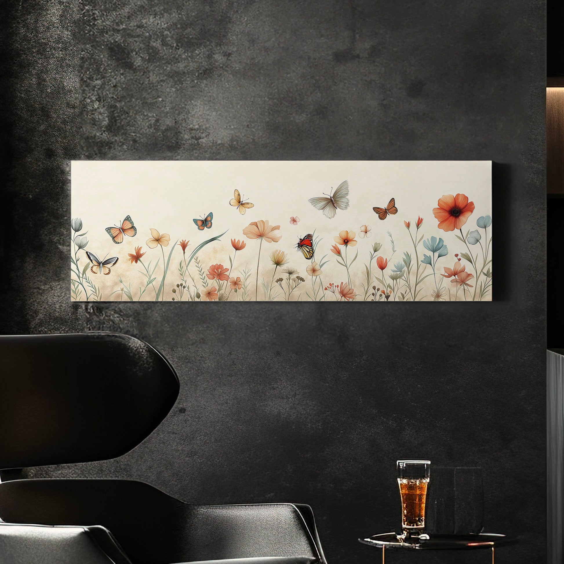 Butterfly Wildflower Field Above Bed Wall Art Nursery, Panoramic Botanical Canvas Print, Flower Long Horizontal Canvas Art