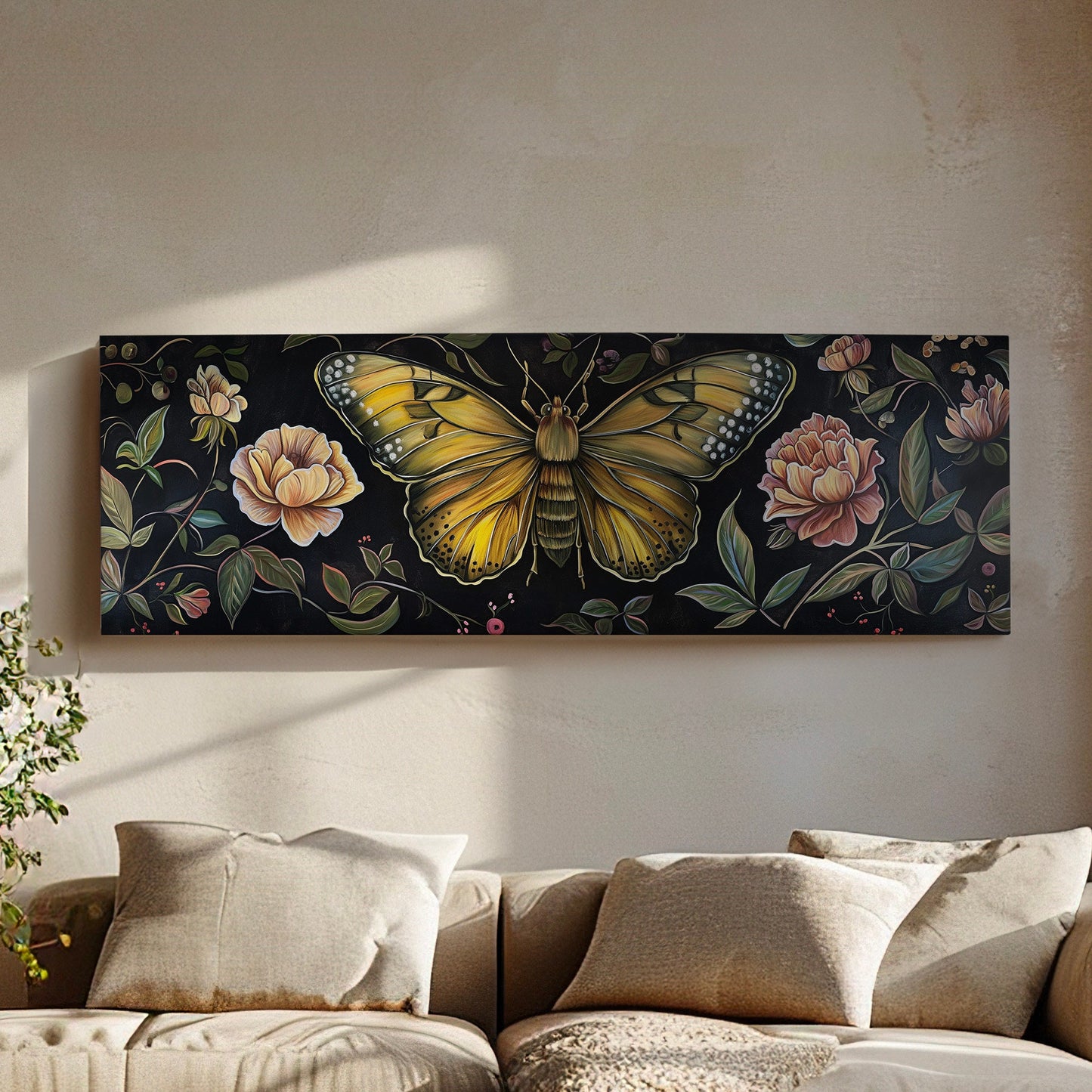 Butterfly Above Bed Wall Art Floral, Panoramic Botanical Canvas Print, Flower Long Horizontal Canvas Art