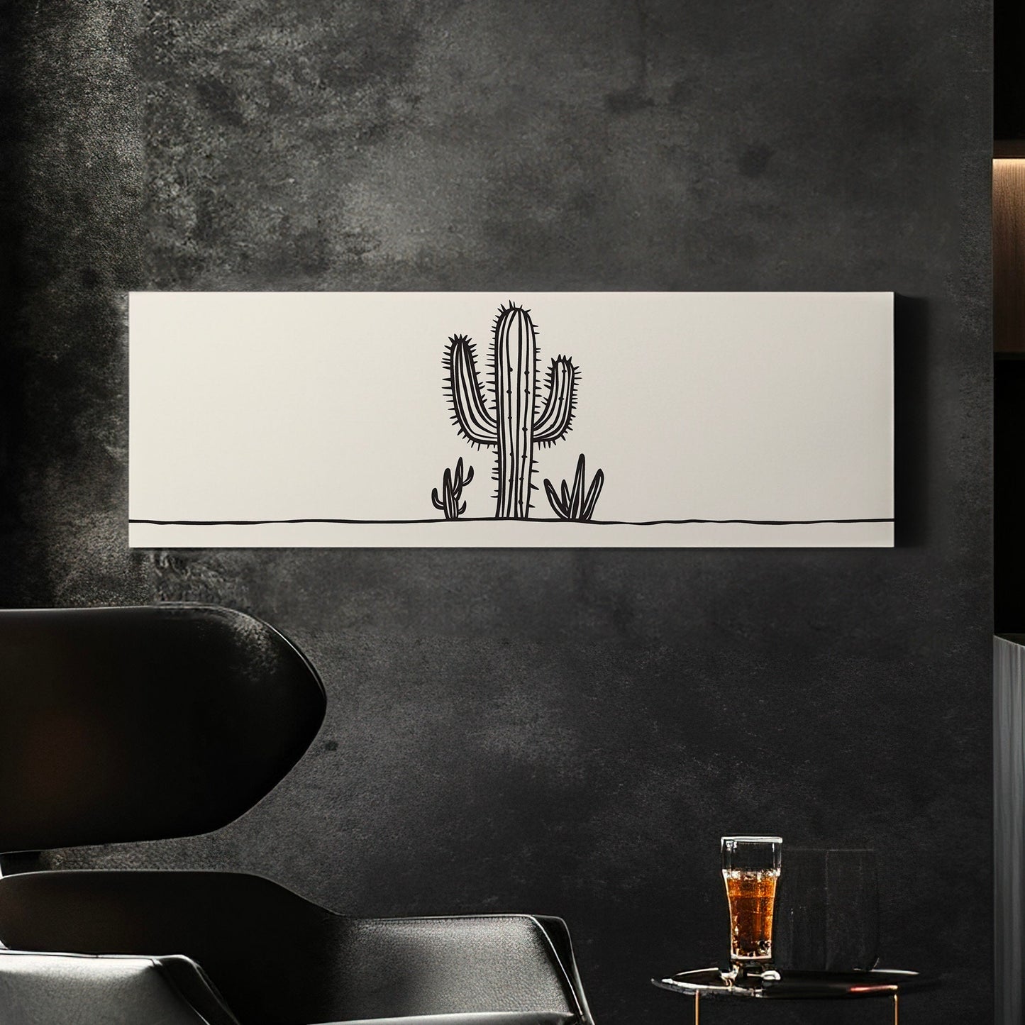 Cactus Line Art Above Bed Wall Art Southwestern, Panoramic Cowboy Canvas Print, Landscape Long Horizontal Canvas Art