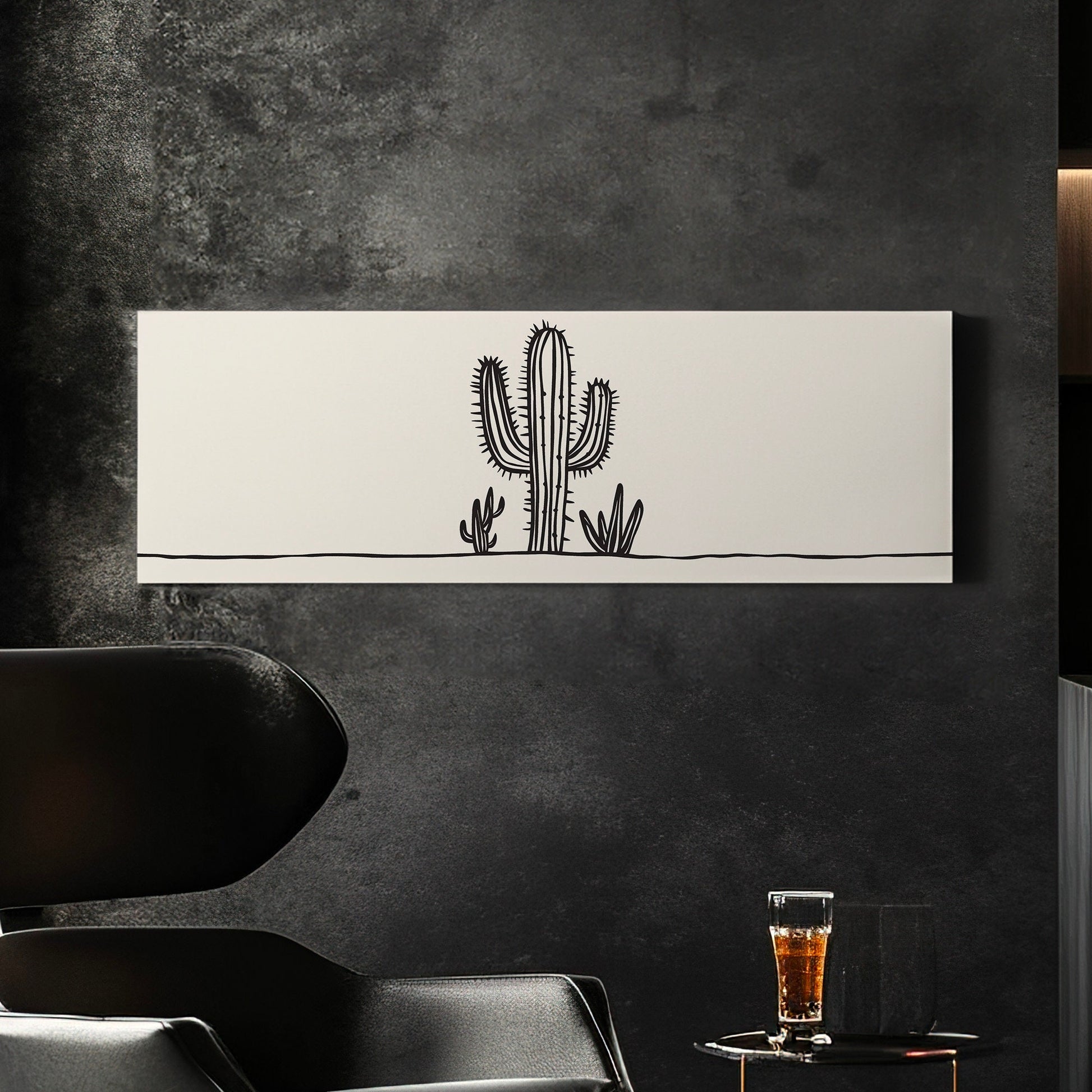 Cactus Line Art Above Bed Wall Art Southwestern, Panoramic Cowboy Canvas Print, Landscape Long Horizontal Canvas Art