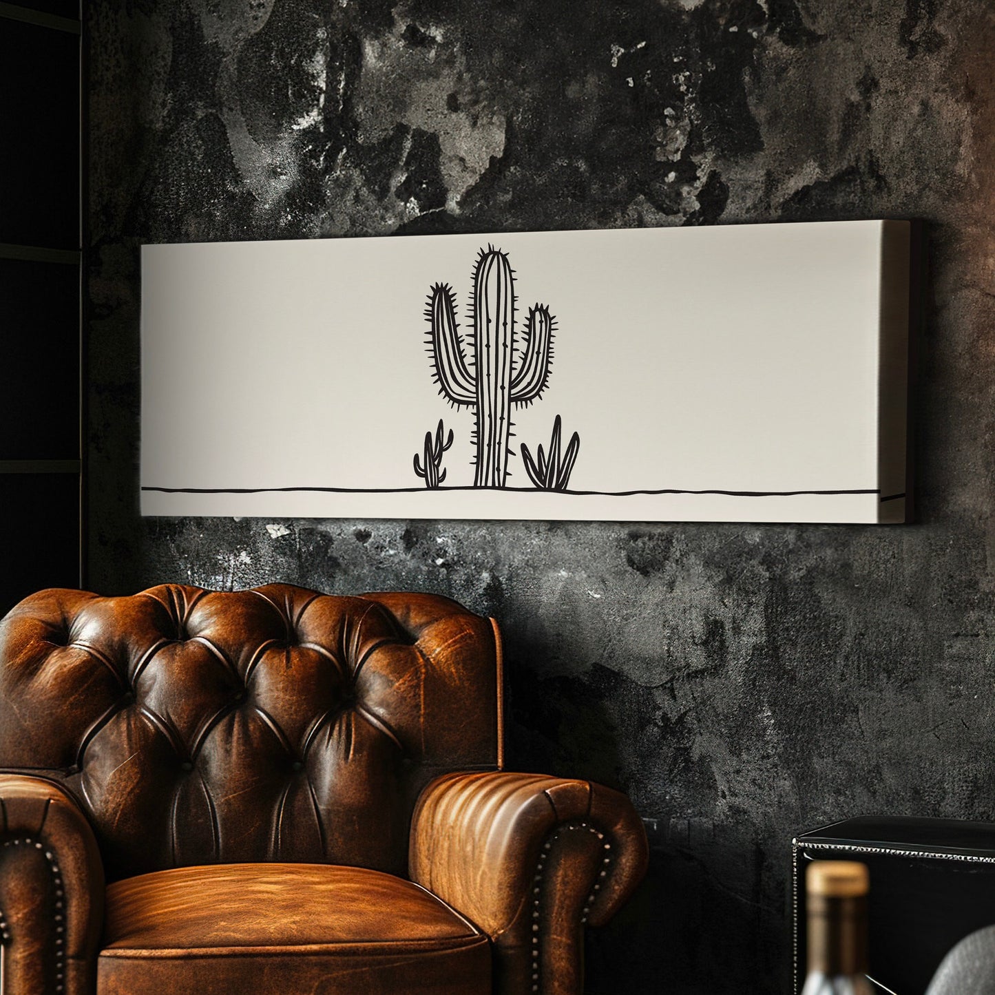 Cactus Line Art Above Bed Wall Art Southwestern, Panoramic Cowboy Canvas Print, Landscape Long Horizontal Canvas Art