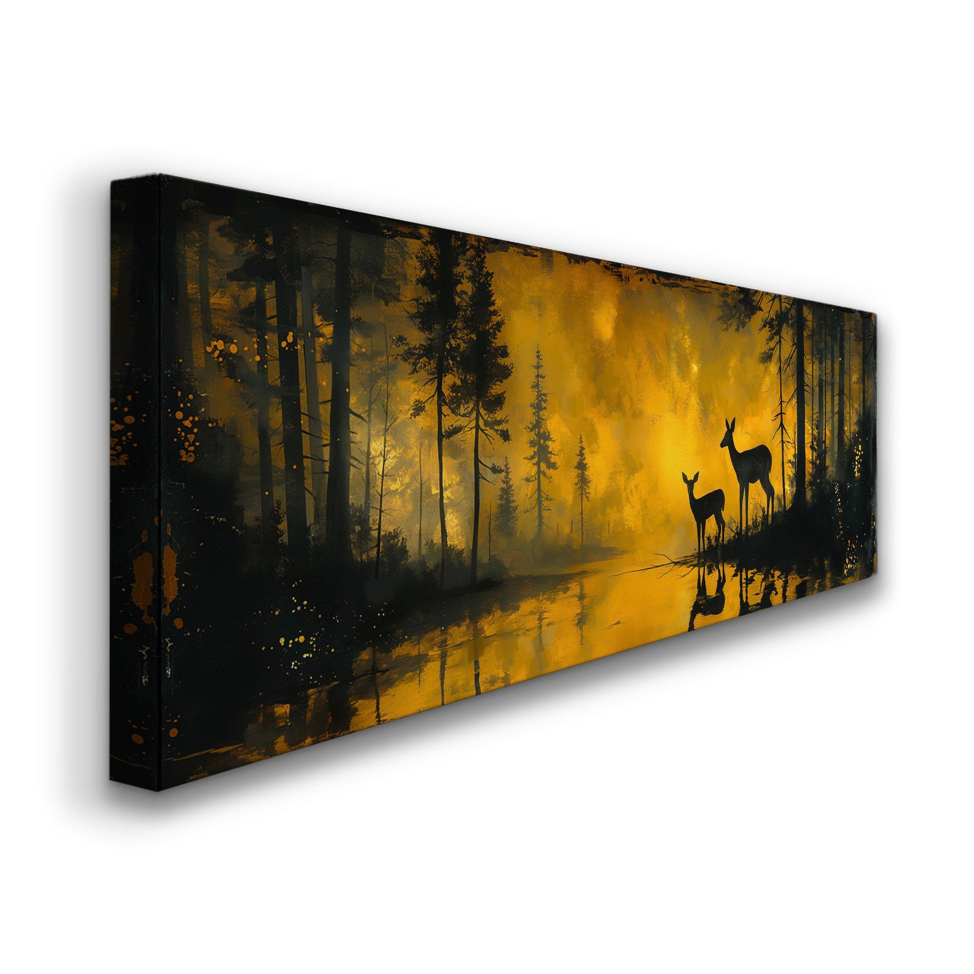 Deers In The Forest Above Bed Wall Art Lake, Panoramic Wildlife Canvas Print, Nature Long Horizontal Canvas Art