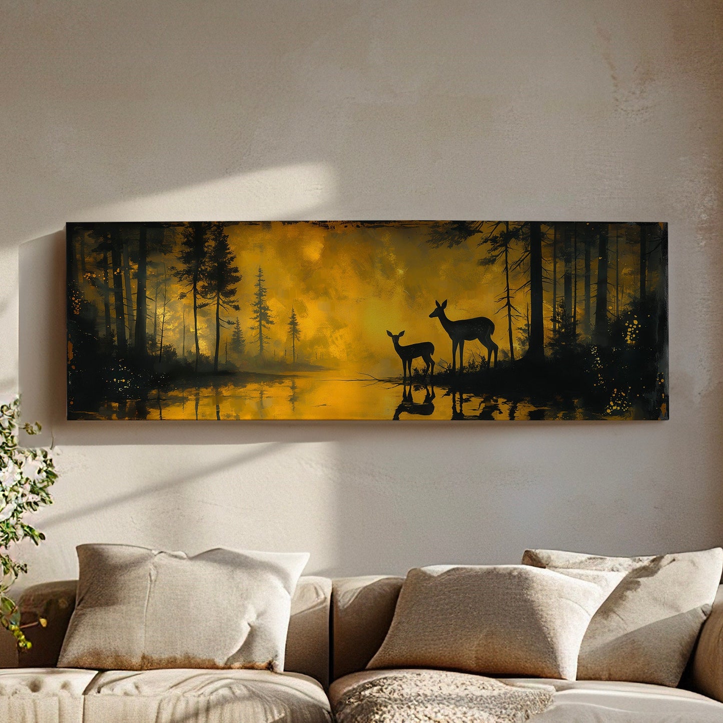 Deers In The Forest Above Bed Wall Art Lake, Panoramic Wildlife Canvas Print, Nature Long Horizontal Canvas Art