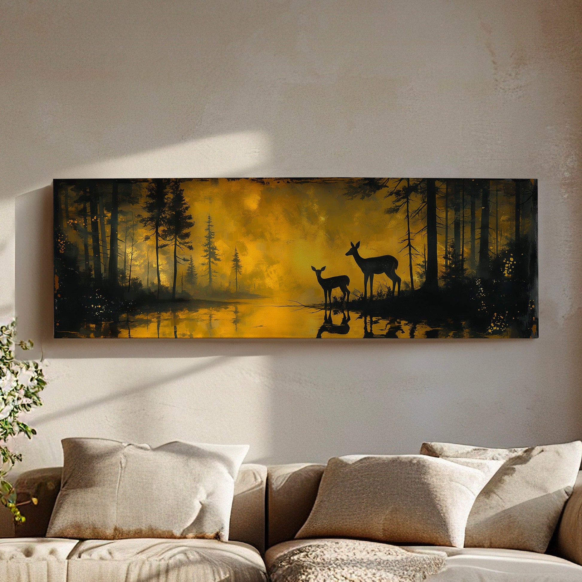 Deers In The Forest Above Bed Wall Art Lake, Panoramic Wildlife Canvas Print, Nature Long Horizontal Canvas Art