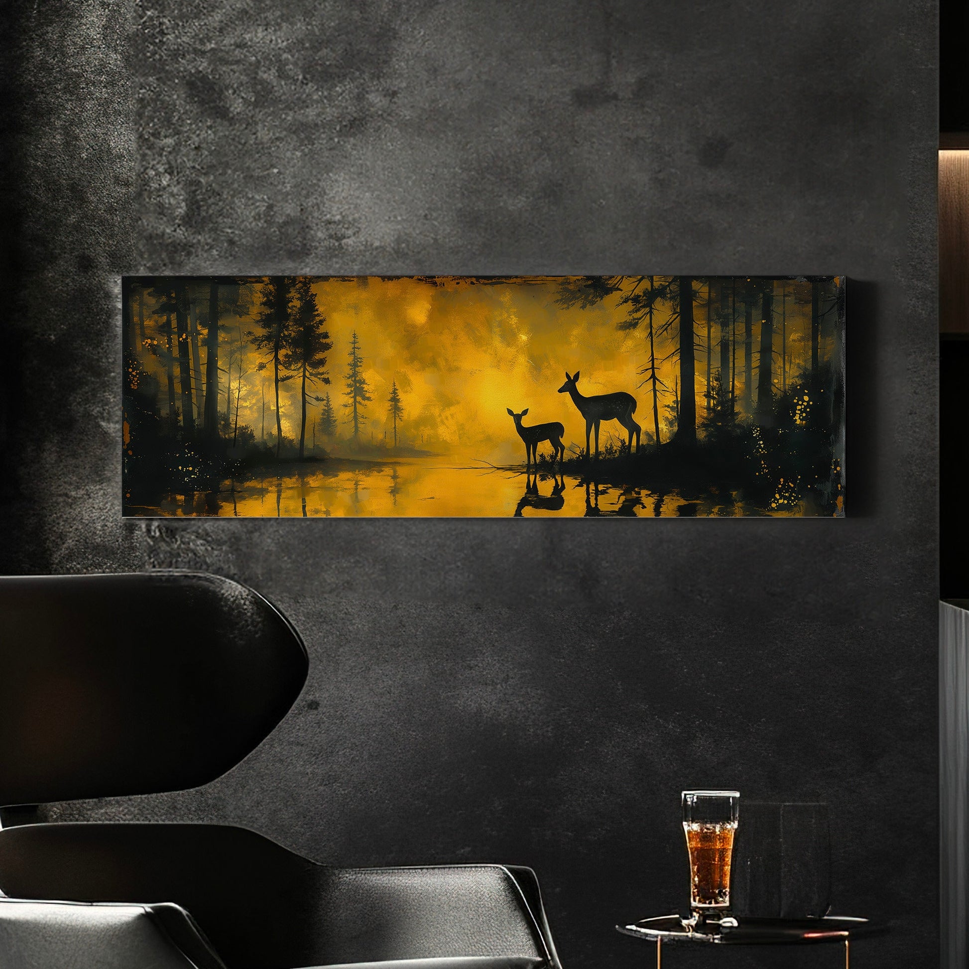 Deers In The Forest Above Bed Wall Art Lake, Panoramic Wildlife Canvas Print, Nature Long Horizontal Canvas Art