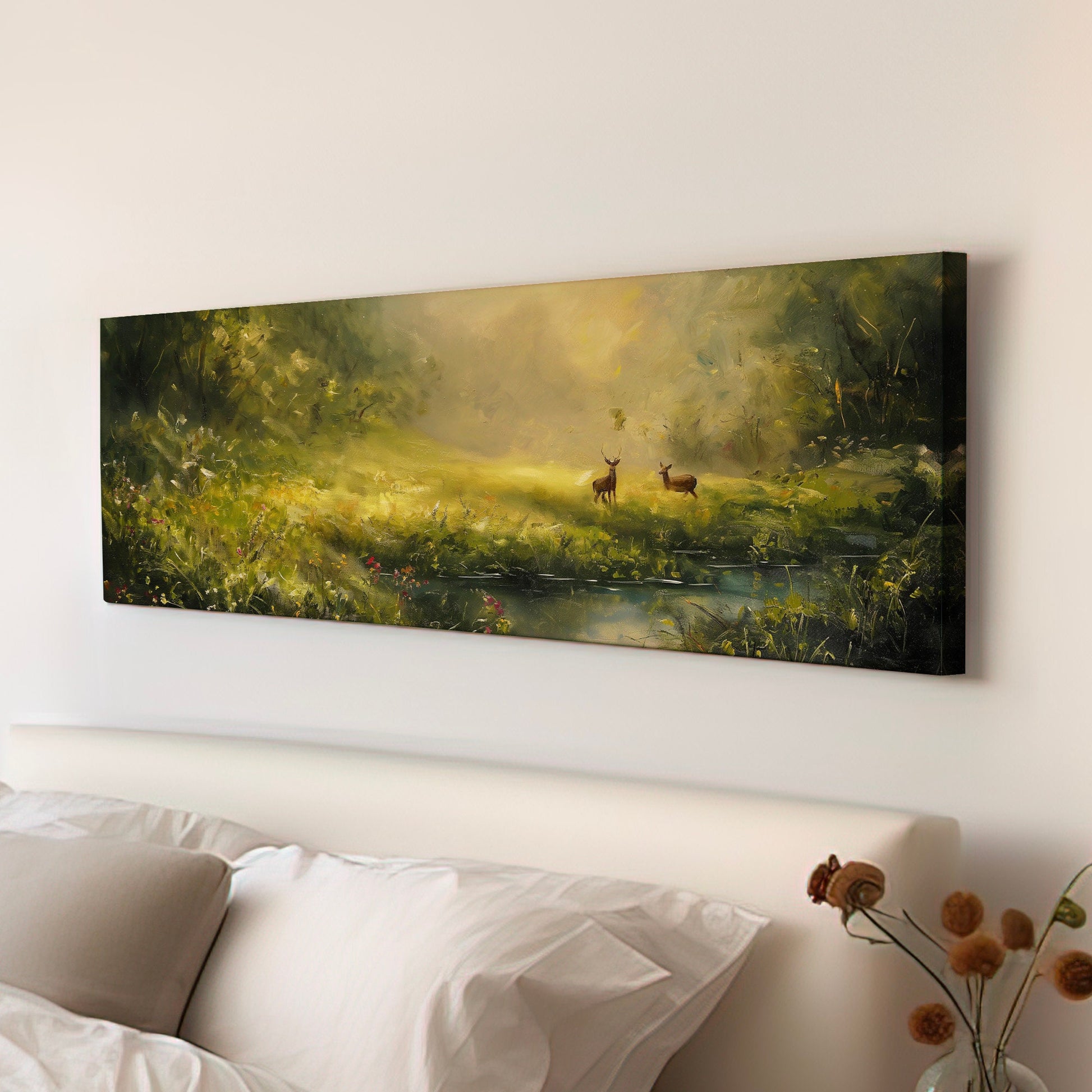 Deers in The Forest Above Bed Wall Art Spring Meadow, Panoramic Peaceful Canvas Print, Nature Long Horizontal Canvas Art