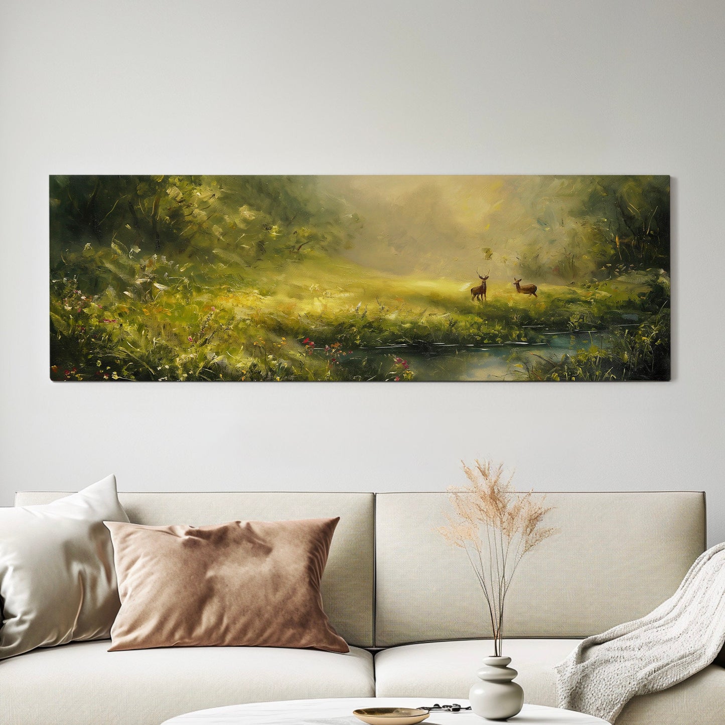 Deers in The Forest Above Bed Wall Art Spring Meadow, Panoramic Peaceful Canvas Print, Nature Long Horizontal Canvas Art