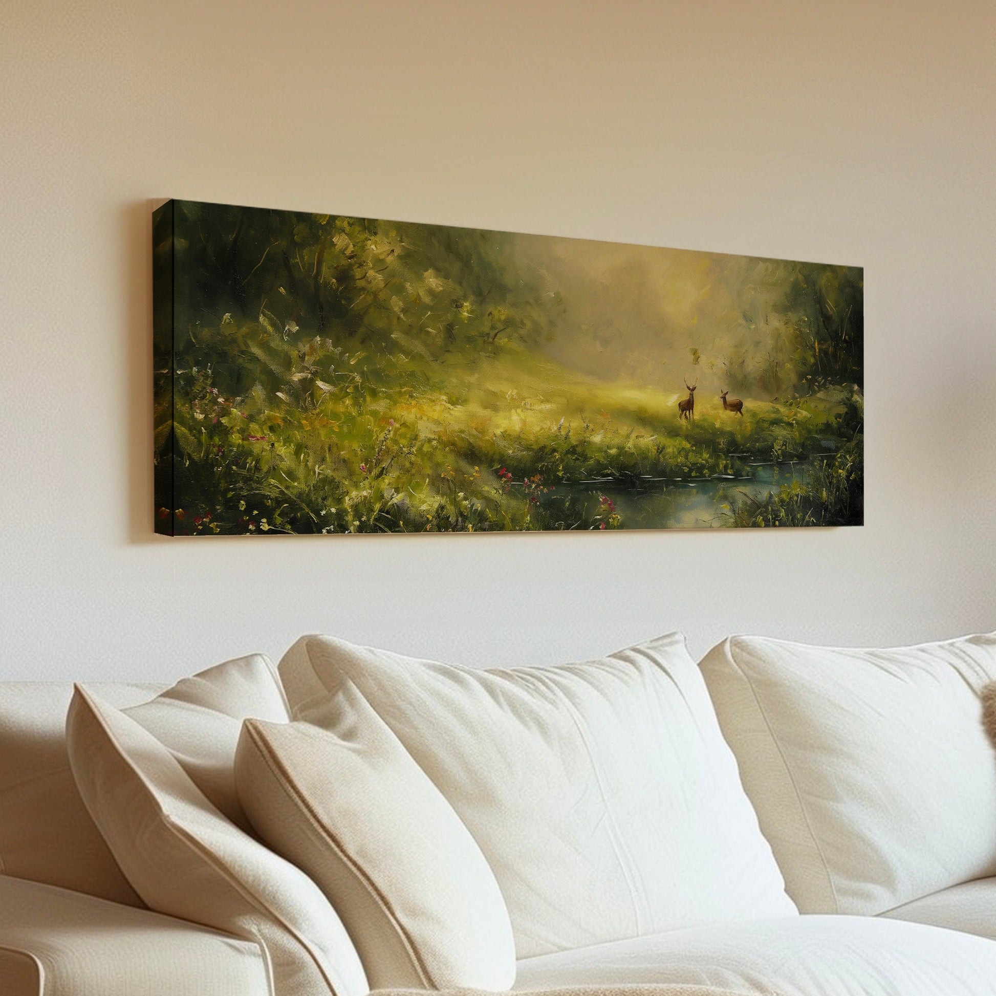 Deers in The Forest Above Bed Wall Art Spring Meadow, Panoramic Peaceful Canvas Print, Nature Long Horizontal Canvas Art