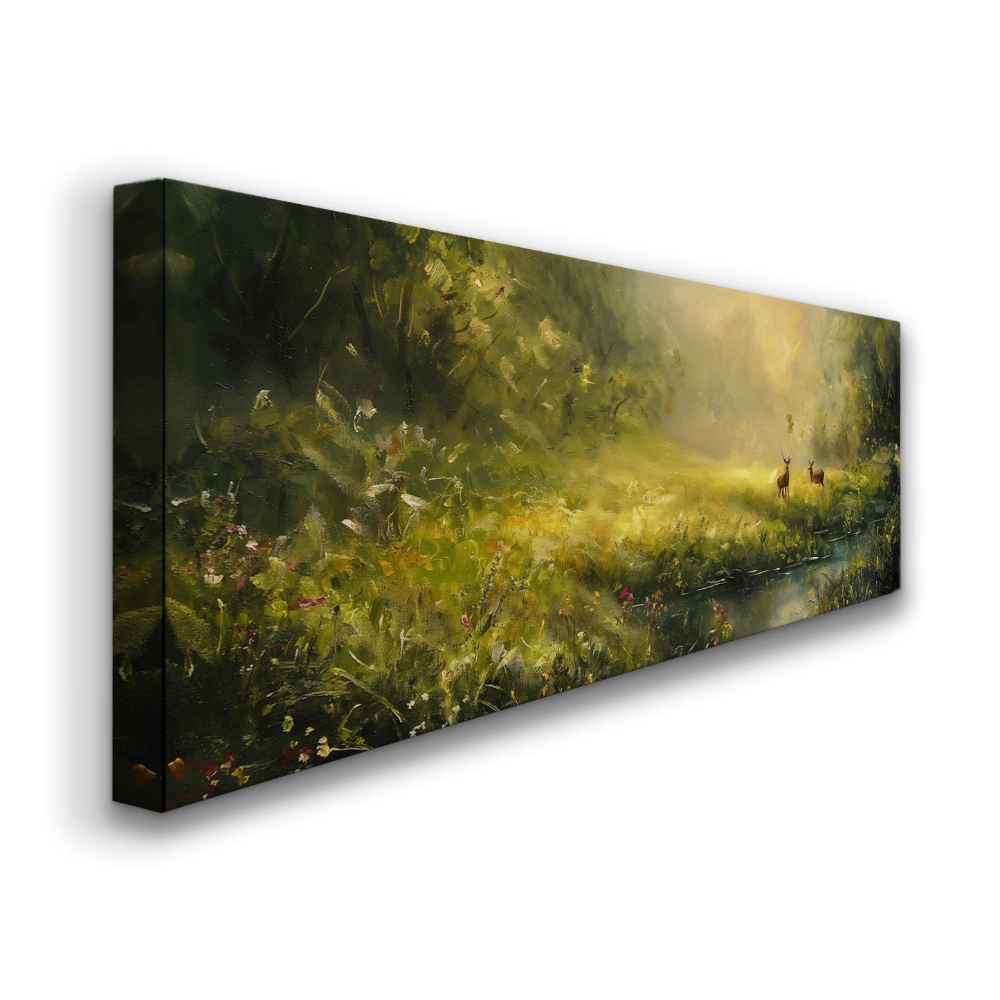 Deers in The Forest Above Bed Wall Art Spring Meadow, Panoramic Peaceful Canvas Print, Nature Long Horizontal Canvas Art