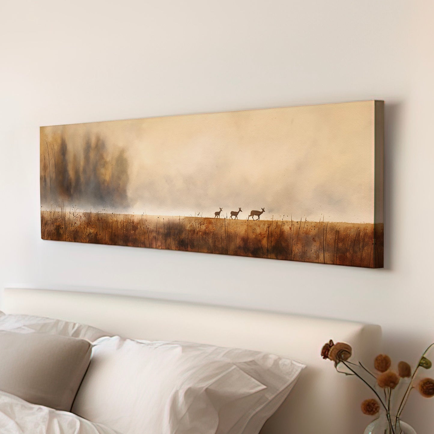 Deers Mama With Baby Deers Above Bed Wall Art Neutral Field, Panoramic Wildlife Canvas Print, Nature Long Horizontal Canvas Art