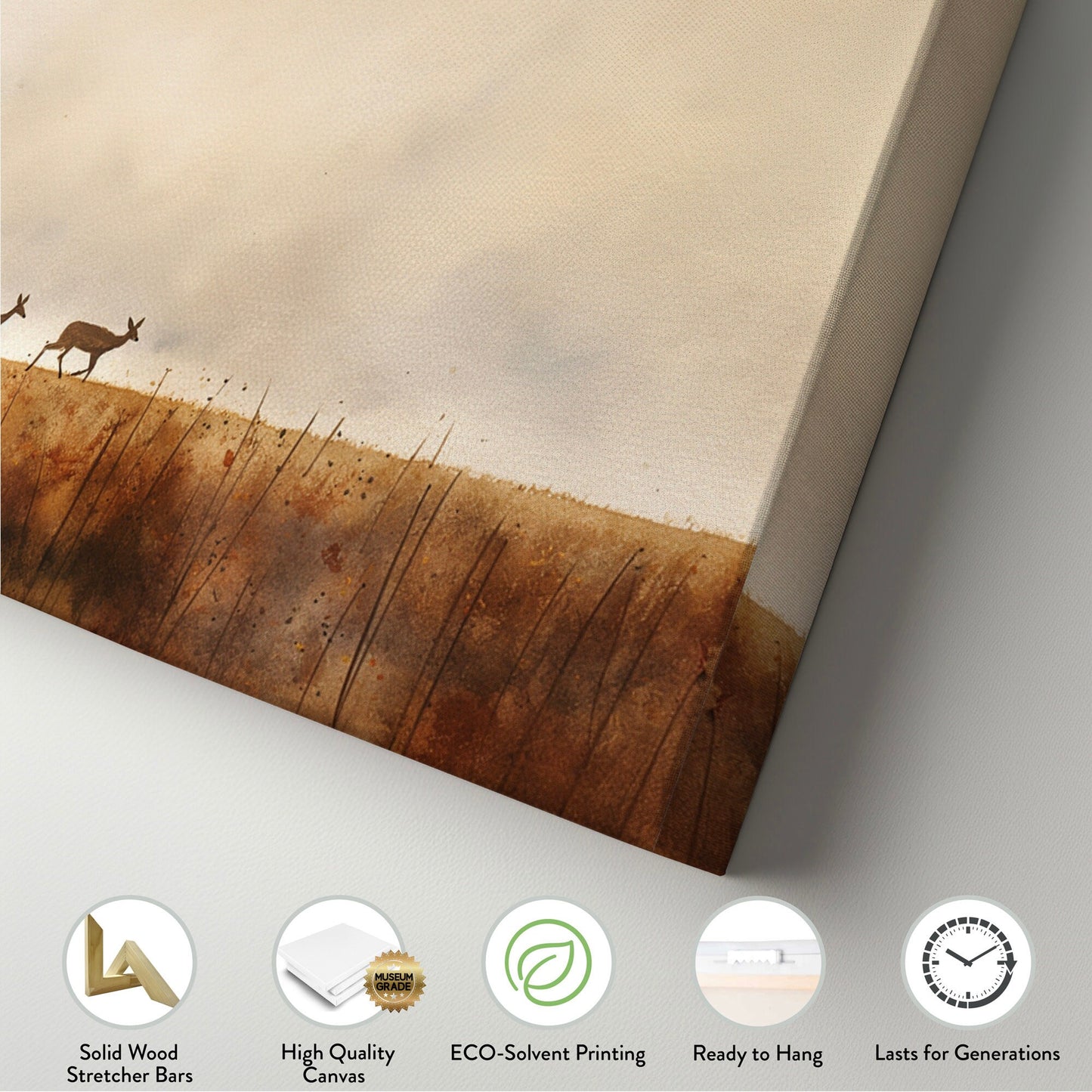 Deers Mama With Baby Deers Above Bed Wall Art Neutral Field, Panoramic Wildlife Canvas Print, Nature Long Horizontal Canvas Art