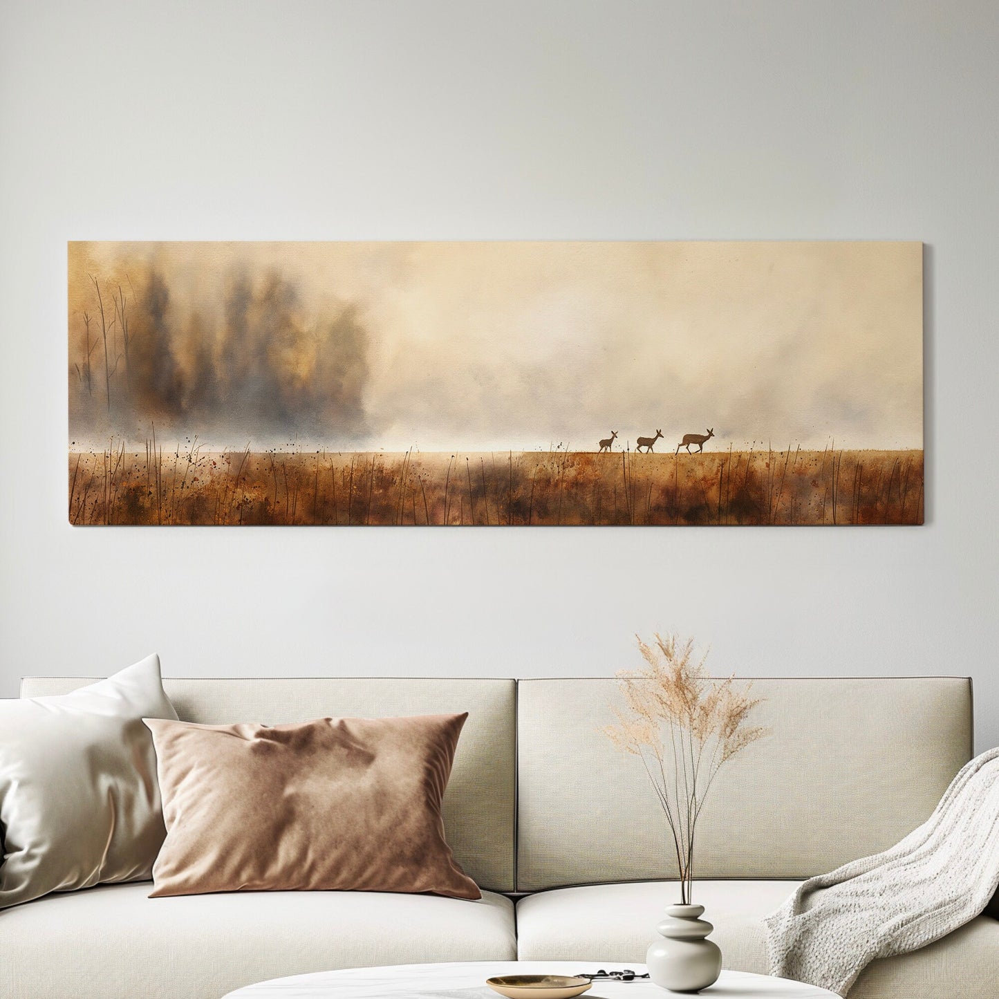 Deers Mama With Baby Deers Above Bed Wall Art Neutral Field, Panoramic Wildlife Canvas Print, Nature Long Horizontal Canvas Art