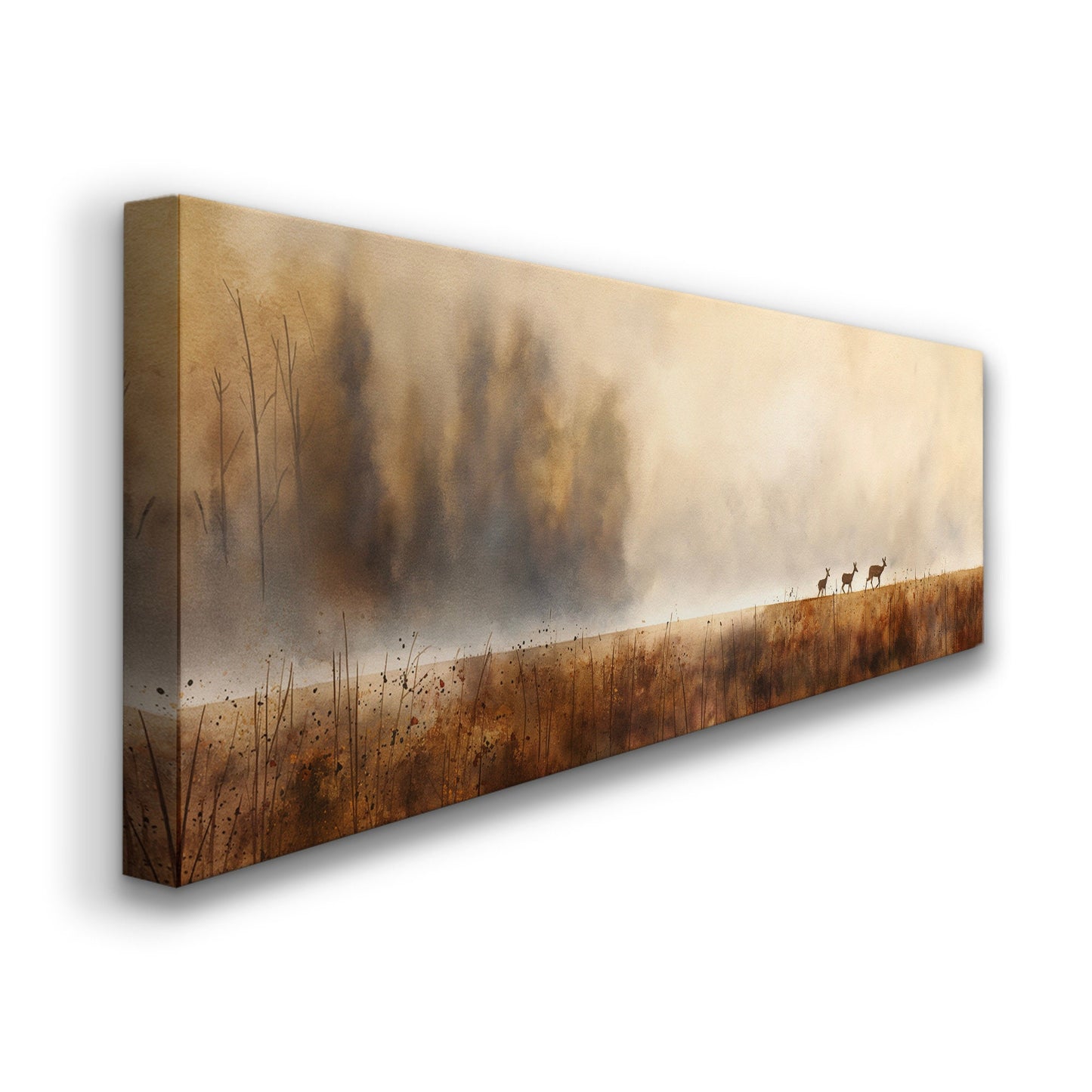 Deers Mama With Baby Deers Above Bed Wall Art Neutral Field, Panoramic Wildlife Canvas Print, Nature Long Horizontal Canvas Art