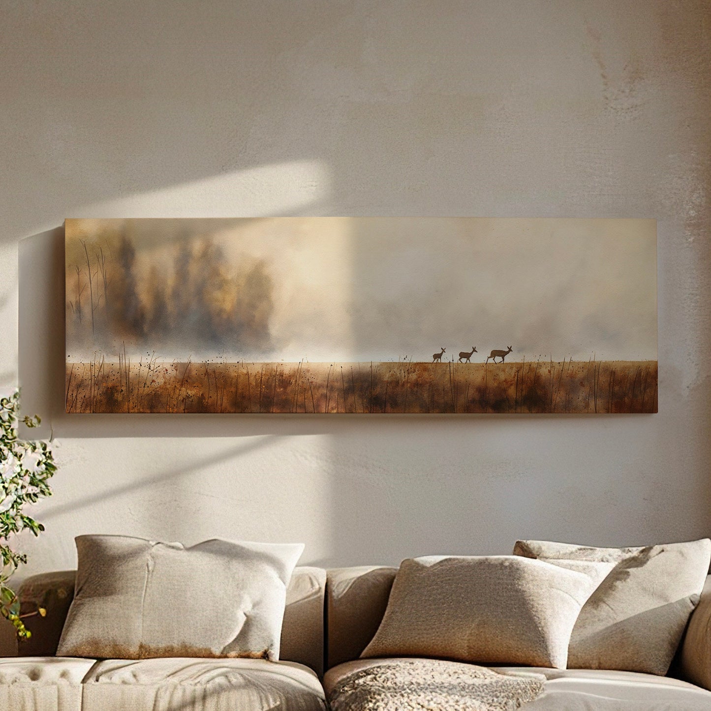 Deers Mama With Baby Deers Above Bed Wall Art Neutral Field, Panoramic Wildlife Canvas Print, Nature Long Horizontal Canvas Art