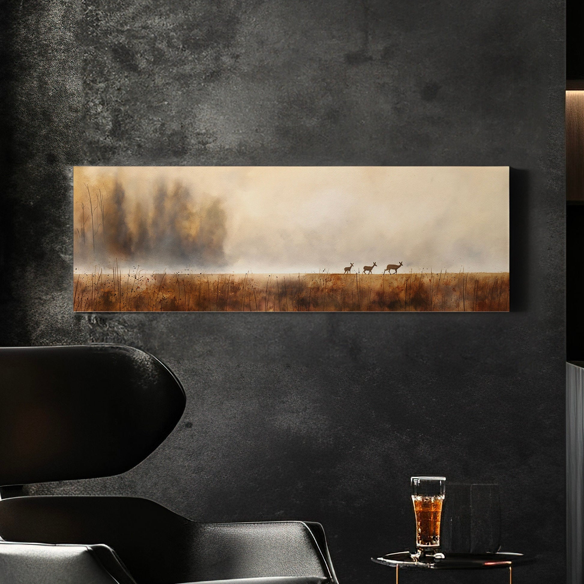 Deers Mama With Baby Deers Above Bed Wall Art Neutral Field, Panoramic Wildlife Canvas Print, Nature Long Horizontal Canvas Art