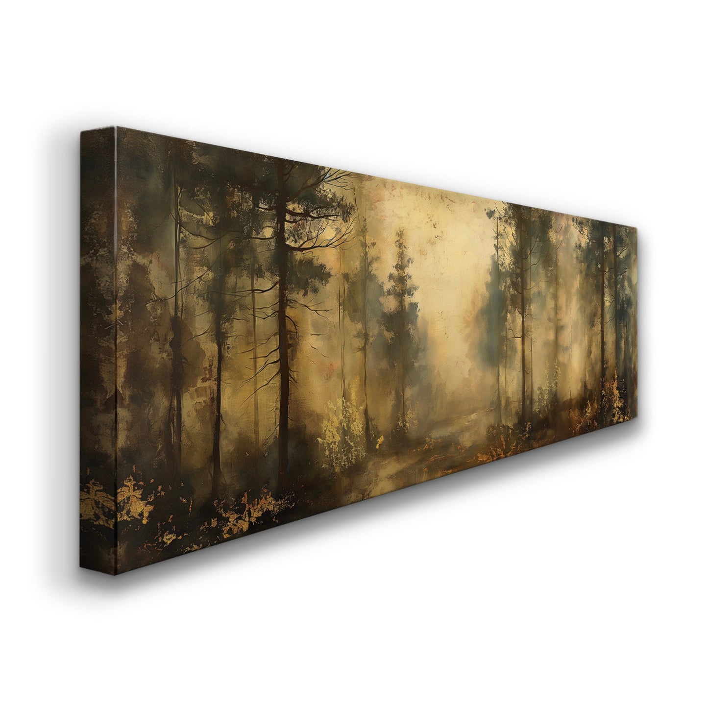 Dense Woods Above Bed Wall Art Minimal, Panoramic Forest Trip Canvas Print, Farmhouse Long Horizontal Canvas Art