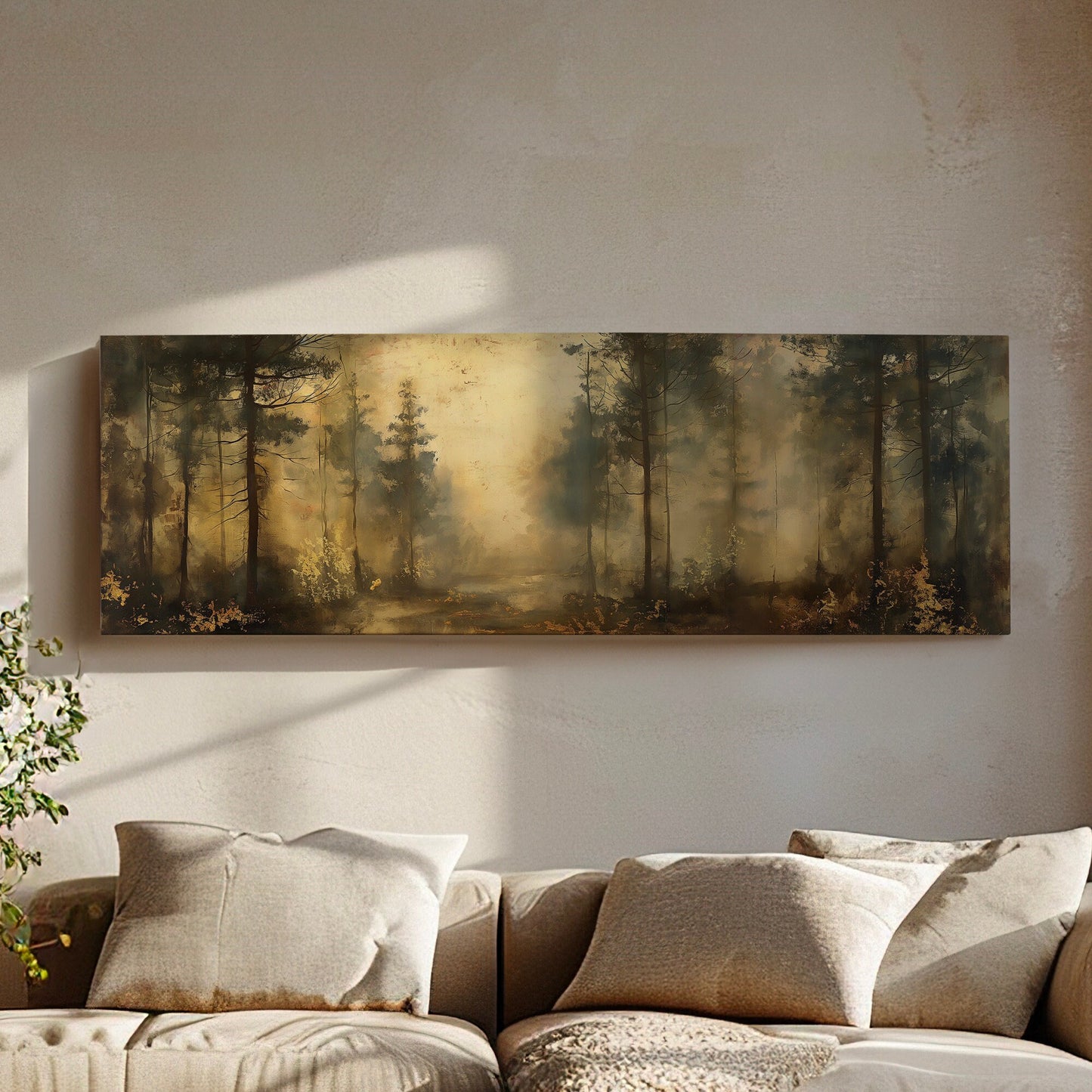 Dense Woods Above Bed Wall Art Minimal, Panoramic Forest Trip Canvas Print, Farmhouse Long Horizontal Canvas Art