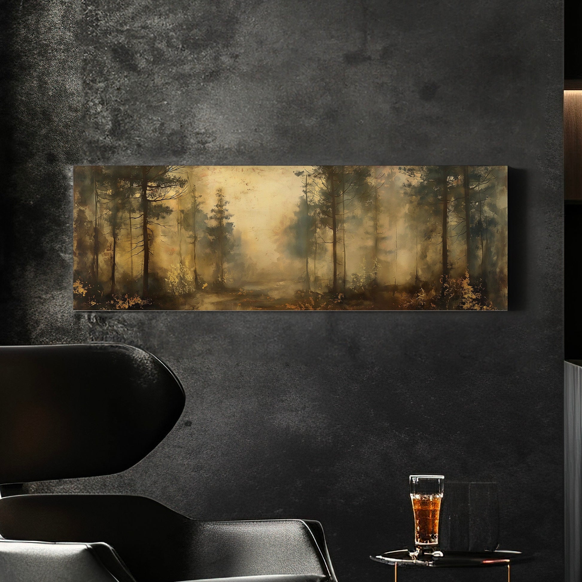 Dense Woods Above Bed Wall Art Minimal, Panoramic Forest Trip Canvas Print, Farmhouse Long Horizontal Canvas Art