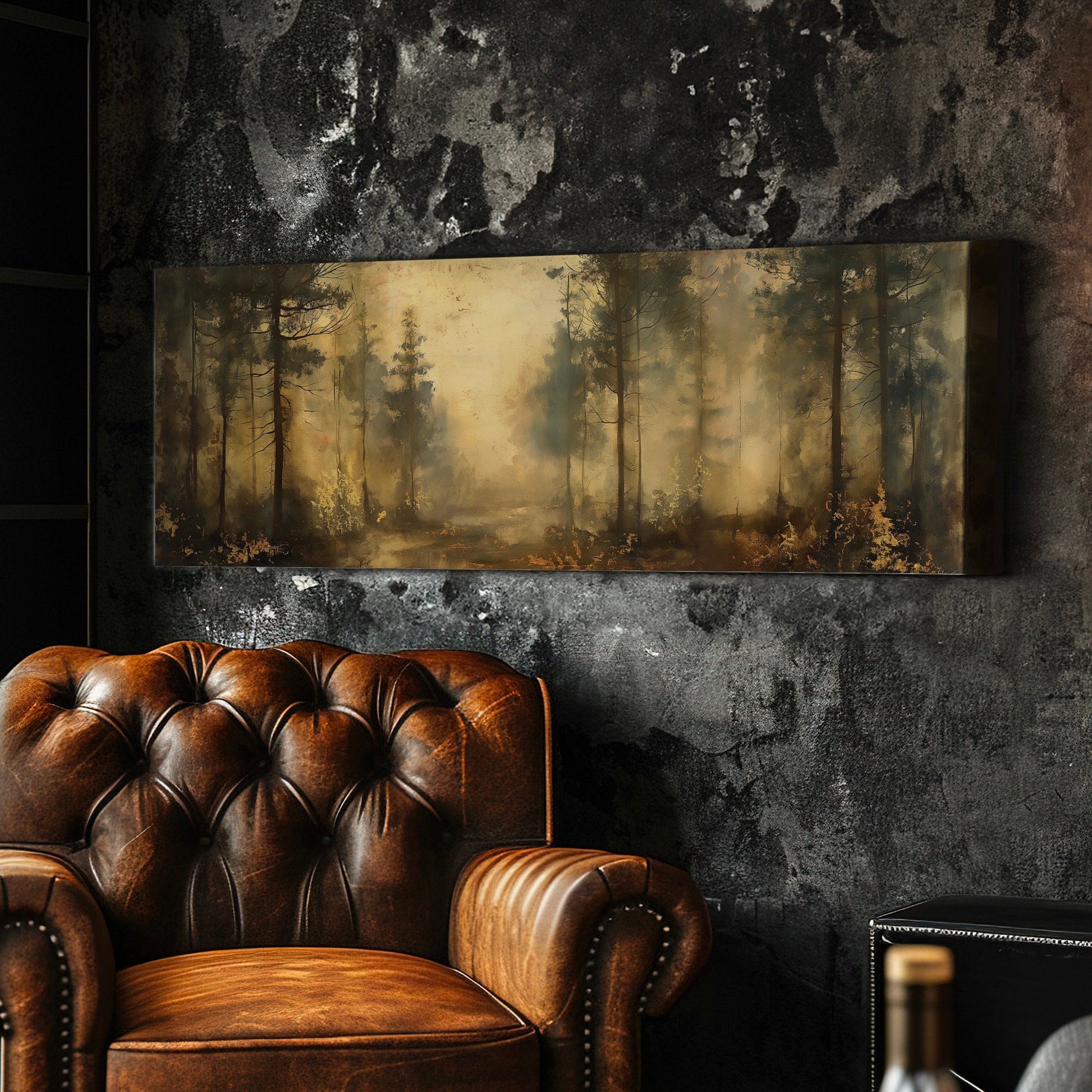 Dense Woods Above Bed Wall Art Minimal, Panoramic Forest Trip Canvas Print, Farmhouse Long Horizontal Canvas Art