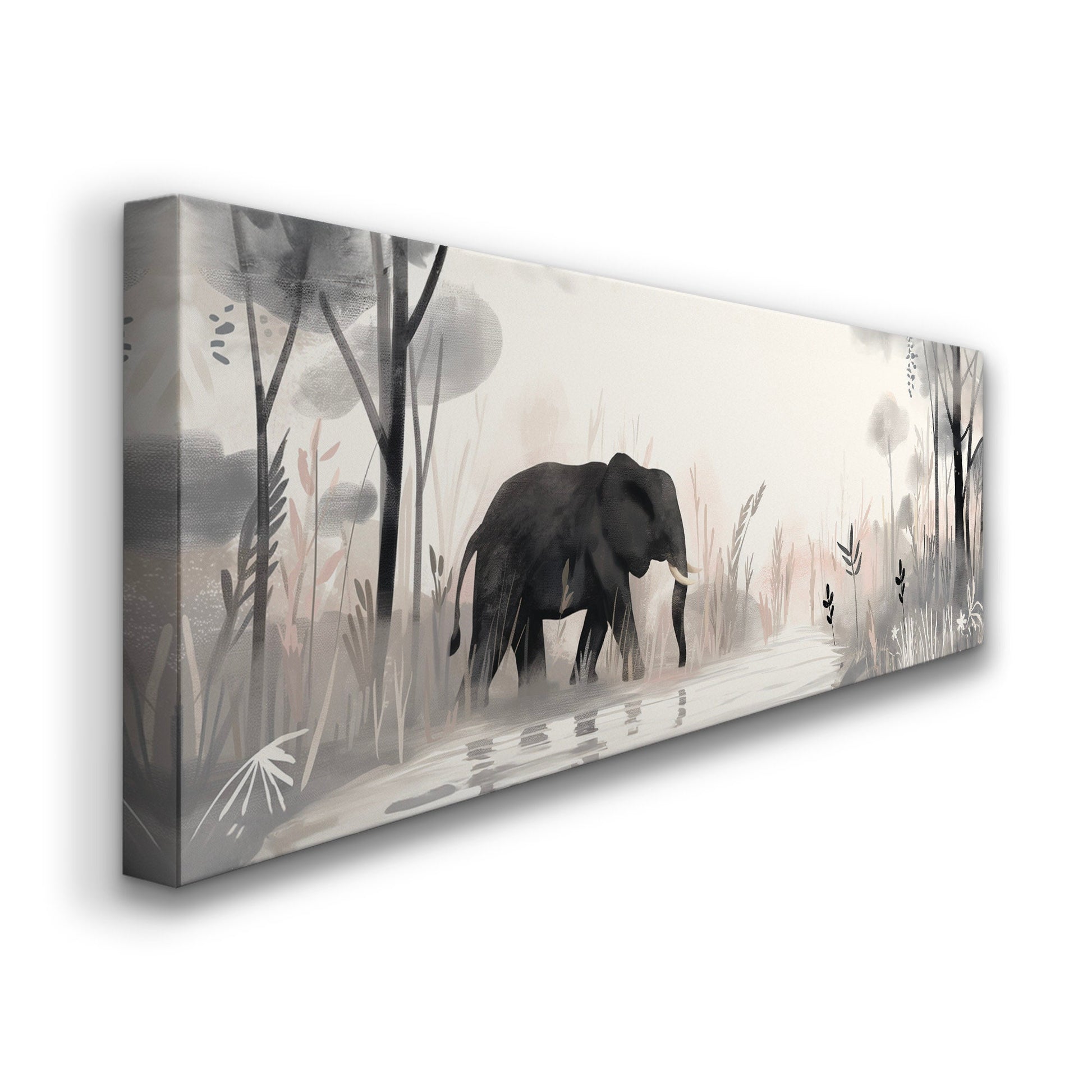 Elephant In The Forest Above Bed Wall Art Lake, Panoramic Wildlife Canvas Print, Safari Long Horizontal Canvas Art