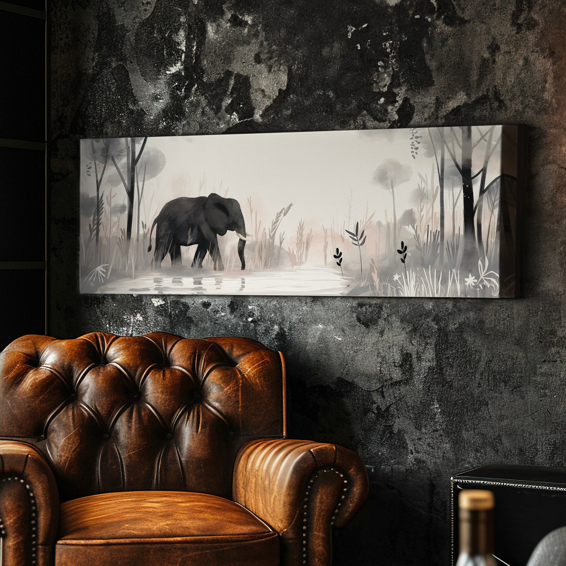 Elephant In The Forest Above Bed Wall Art Lake, Panoramic Wildlife Canvas Print, Safari Long Horizontal Canvas Art