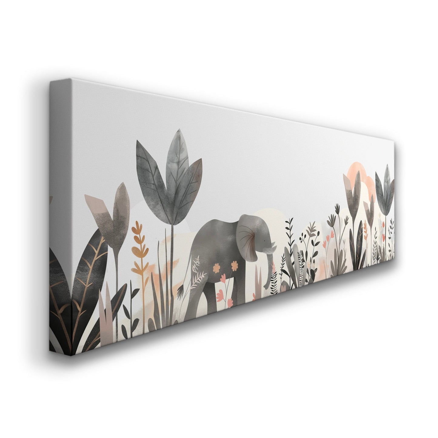 Elephant Nursery Above Bed Wall Art Floral, Panoramic Wildlife Canvas Print, Safari Long Horizontal Canvas Art