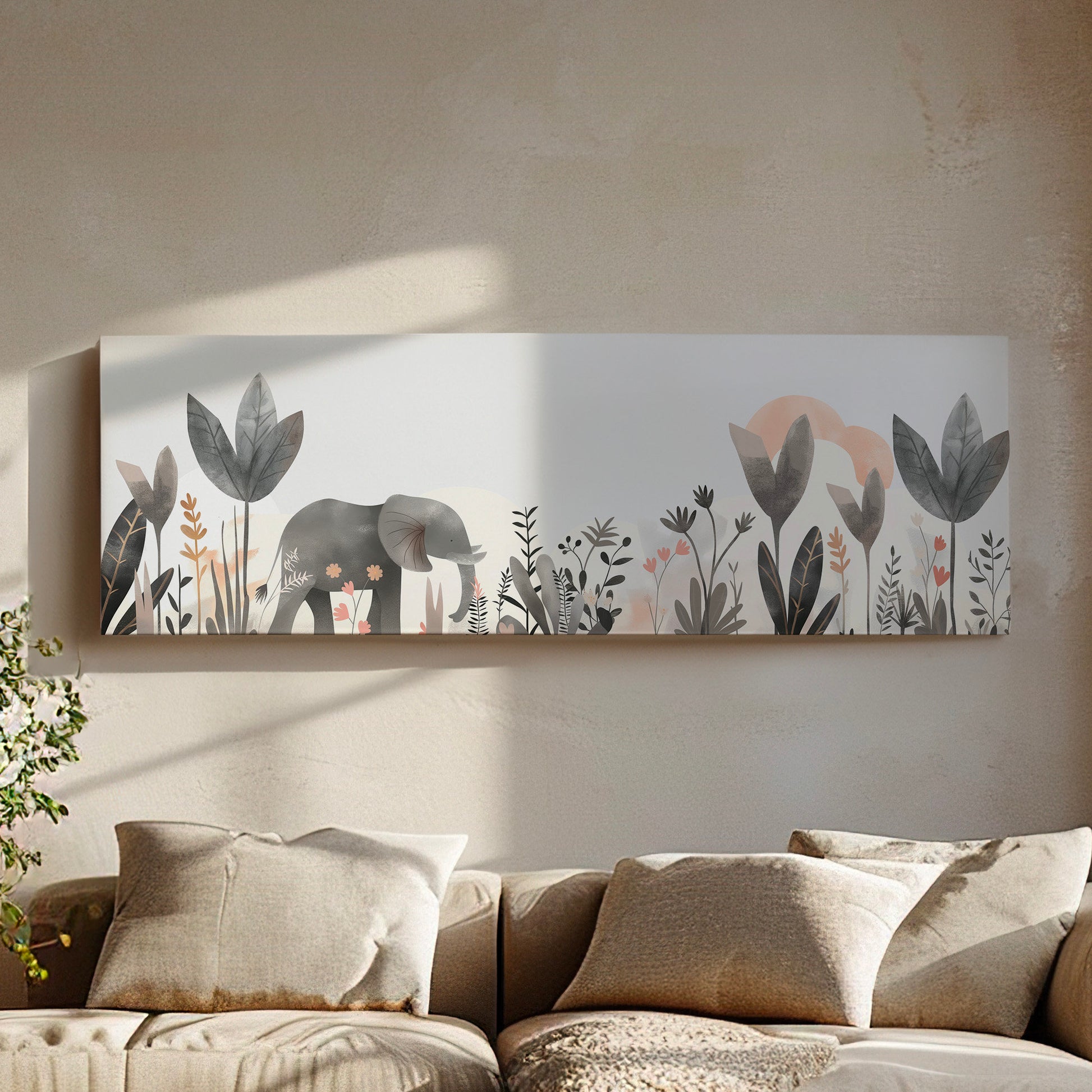 Elephant Nursery Above Bed Wall Art Floral, Panoramic Wildlife Canvas Print, Safari Long Horizontal Canvas Art