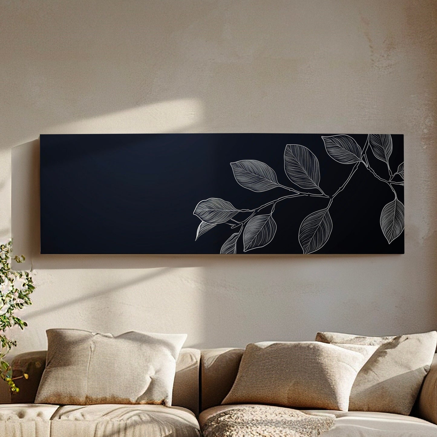 Eucalyptus Branch Above Bed Wall Art Stencil Linocut, Panoramic Botanical Canvas Print, Farmhouse Long Horizontal Canvas Art